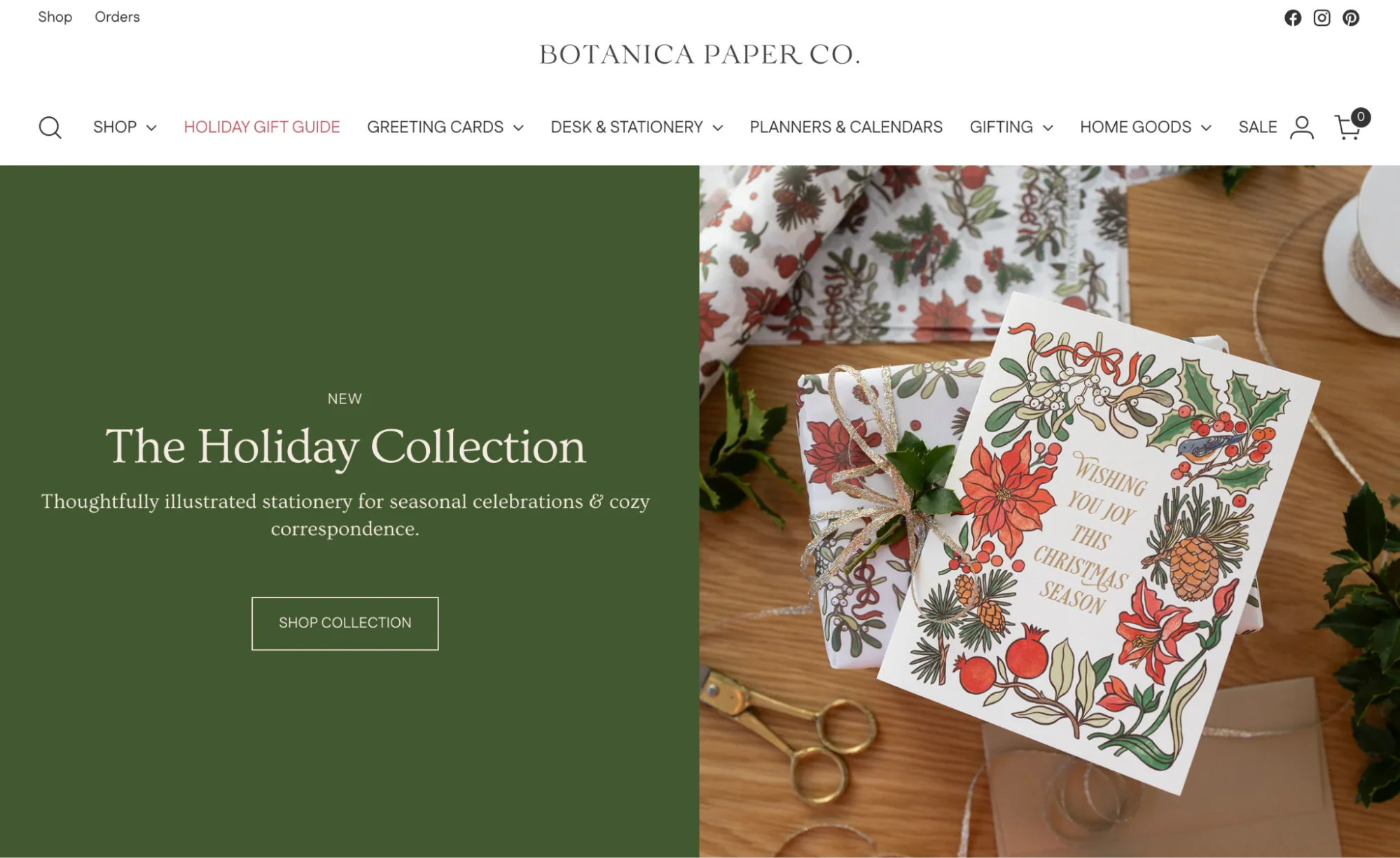The Botanica Paper Co. website homepage promoting its new holiday collection stationery.