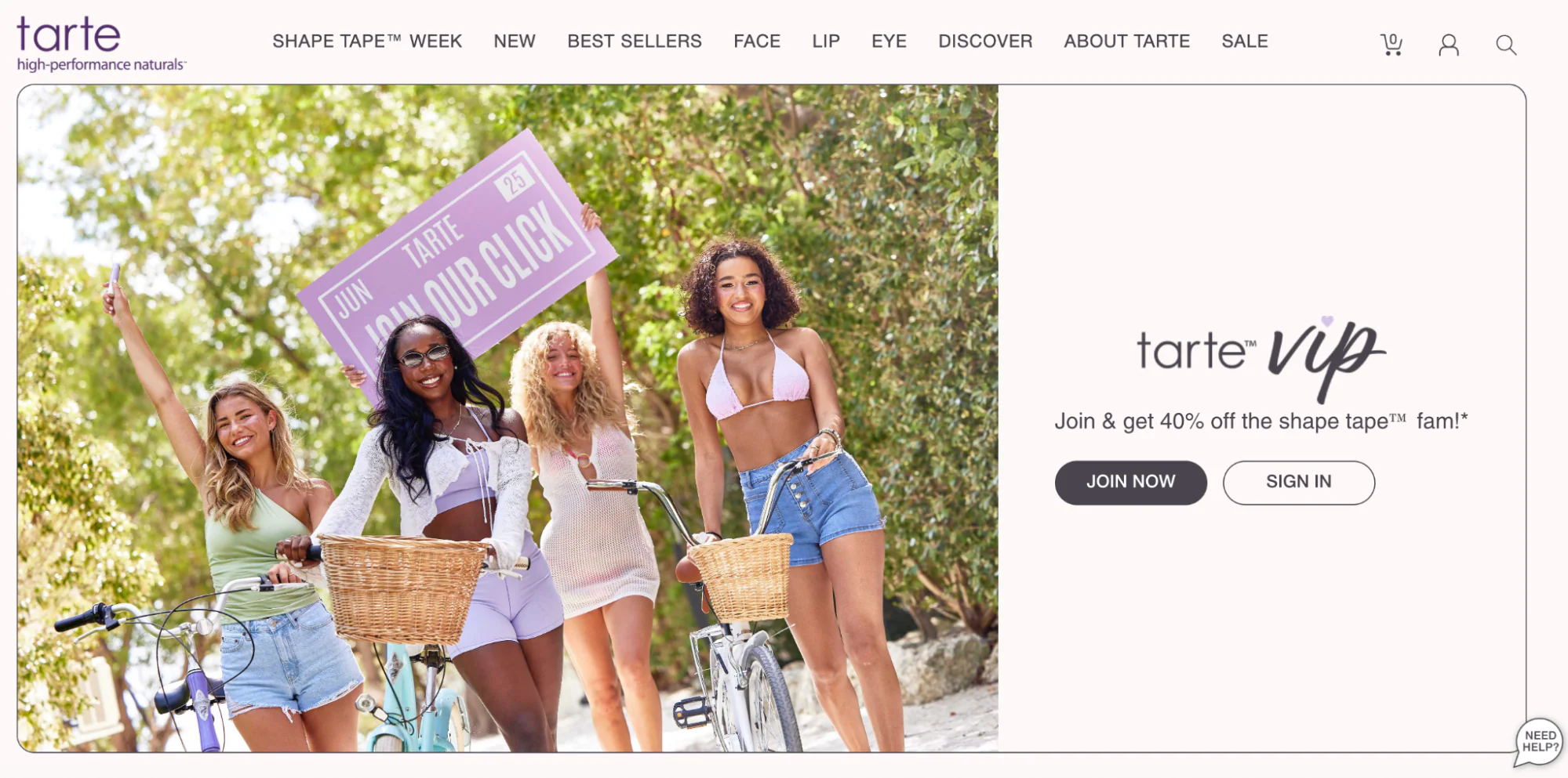 Tarte cosmetics VIP loyalty program with a picture of four smiling women pushing bicycles.