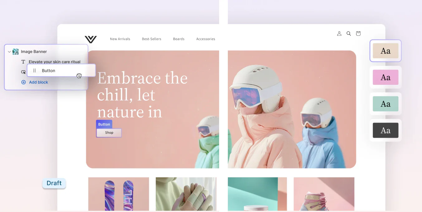 Shopify website builder for a ski accessories company showing button color variations.