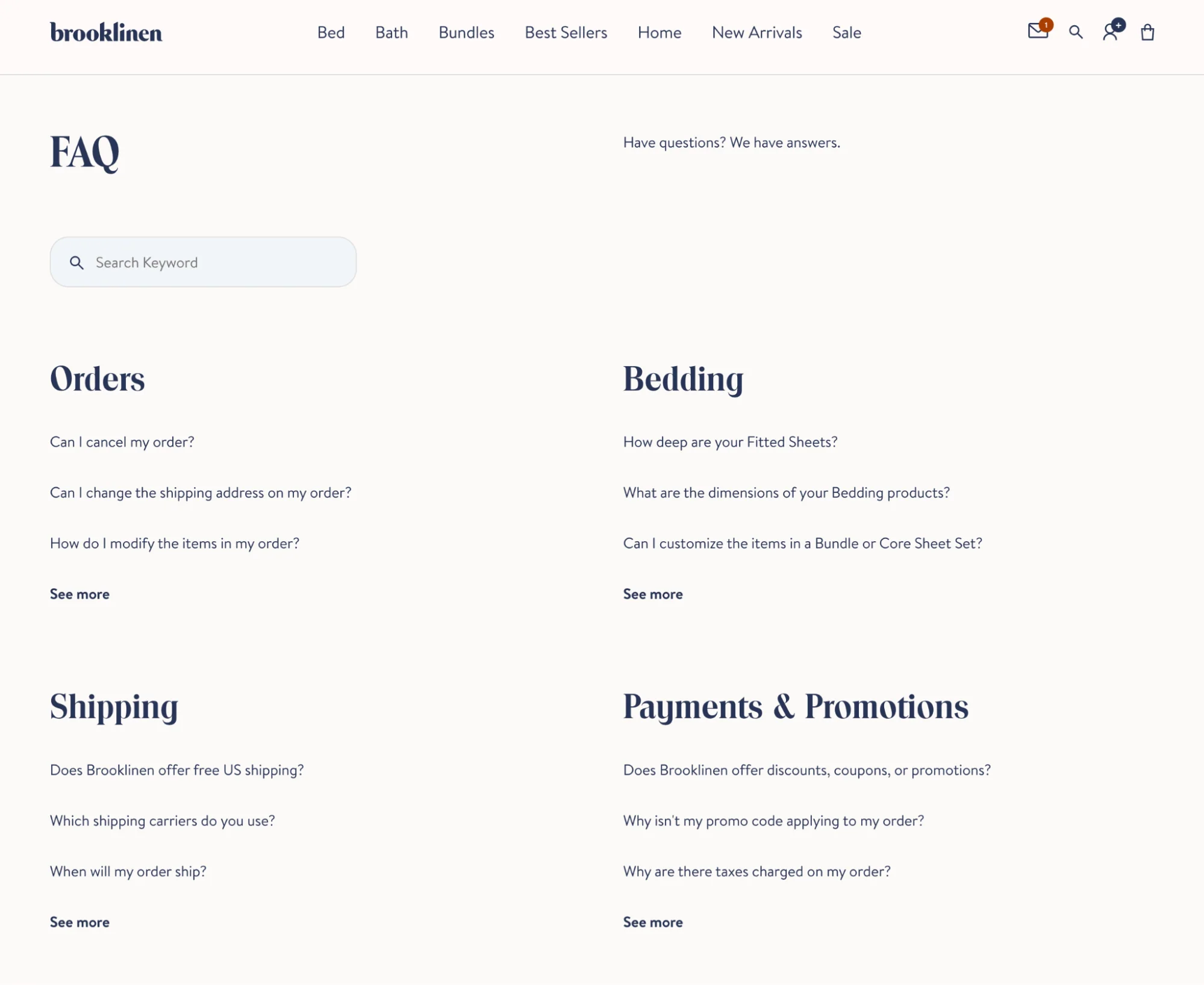The Brooklinen FAQ page with a search bar and categories for orders and bedding.