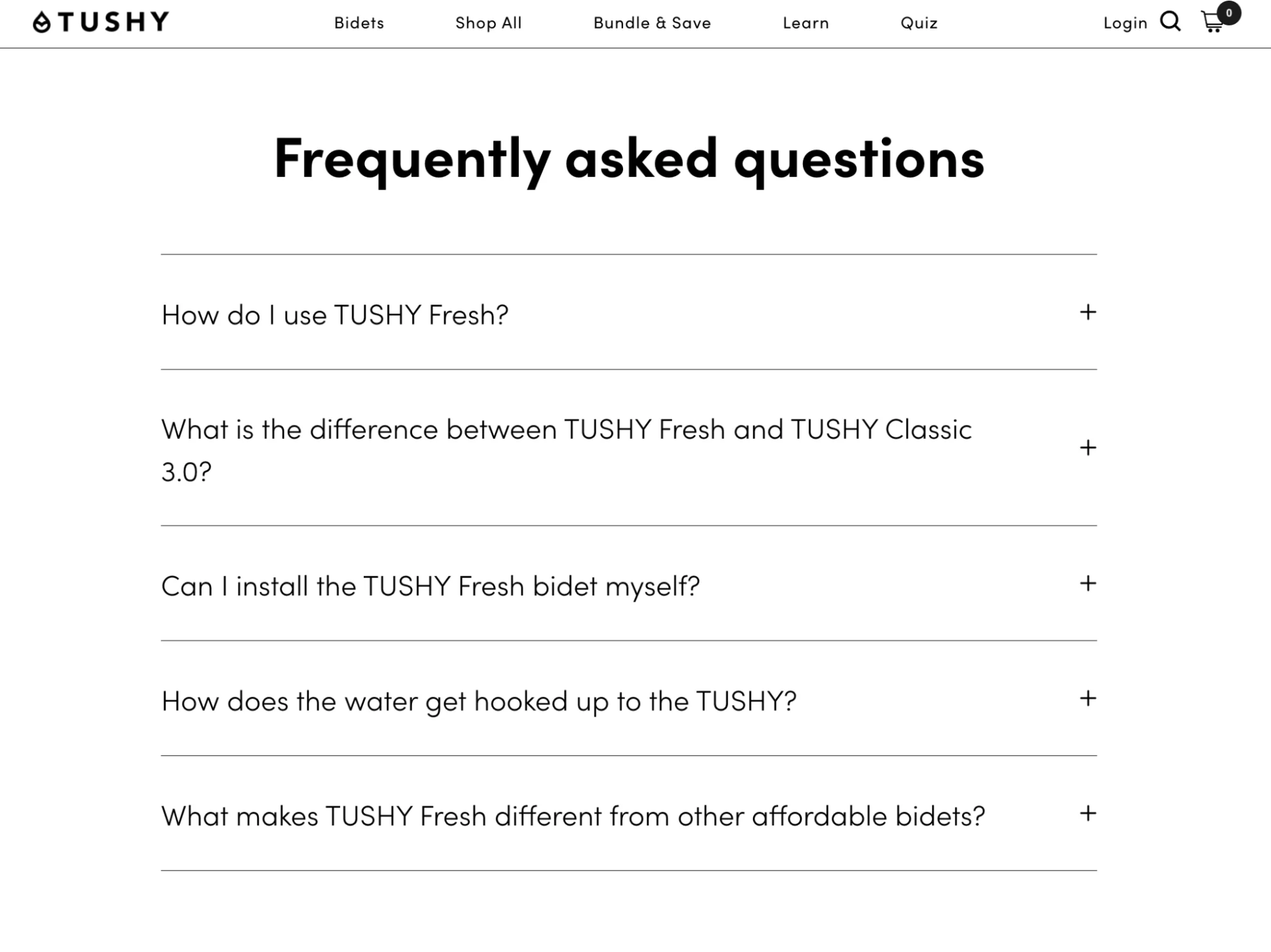A product page FAQ for the Tushy bidet with questions about installation and use.