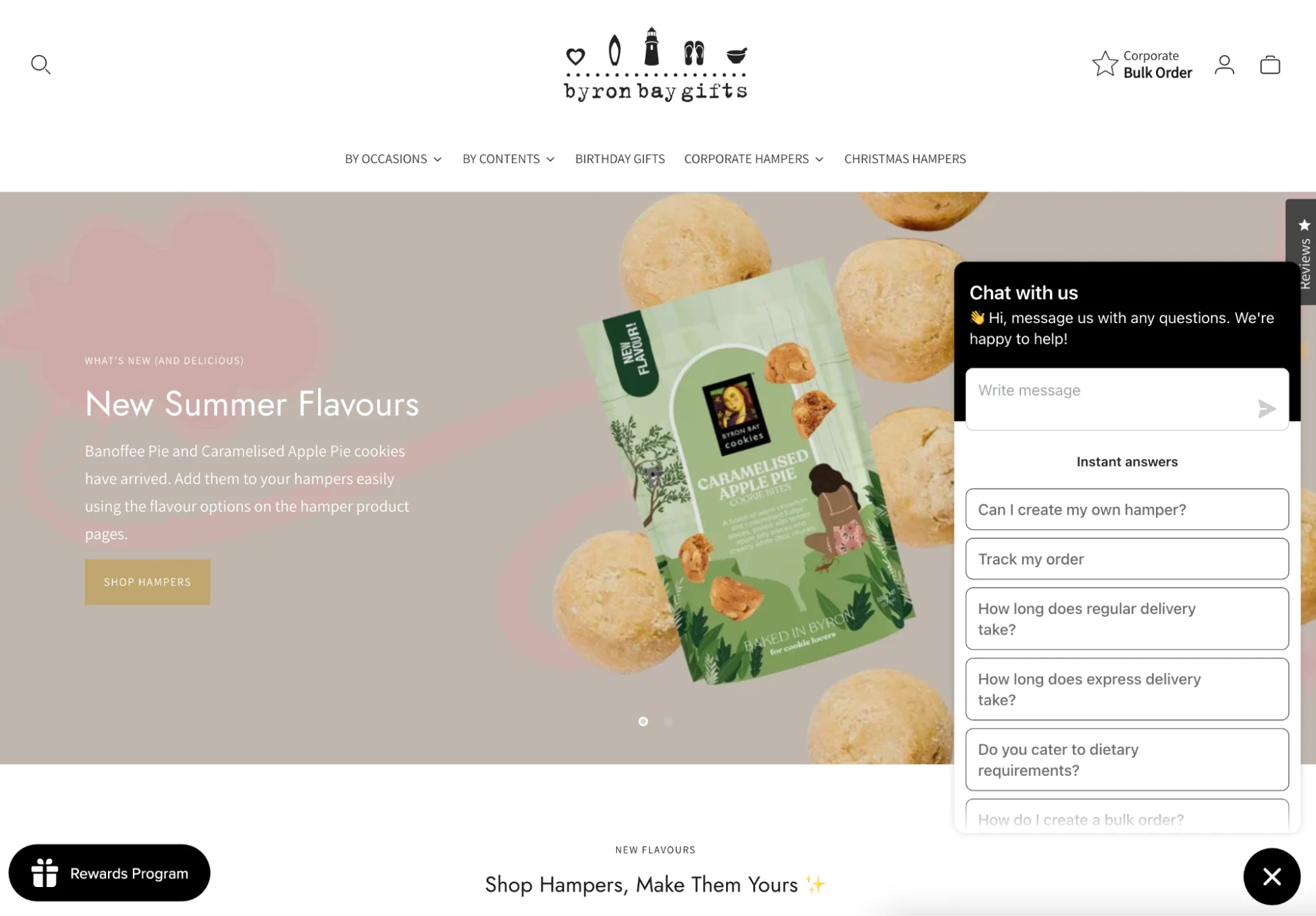 A chatbot for Byron Bay Cookies offering FAQ buttons for common customer questions.