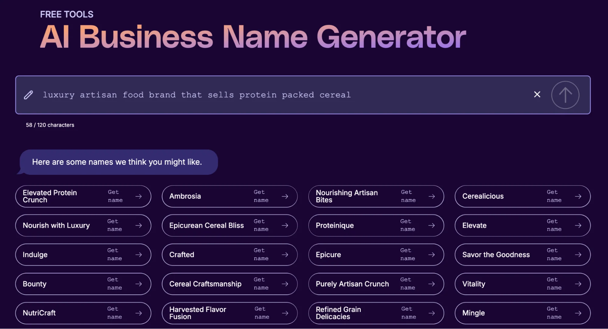 AI name generator suggestions for the prompt “Luxury artisan food brand that sells protein packed cereal.”