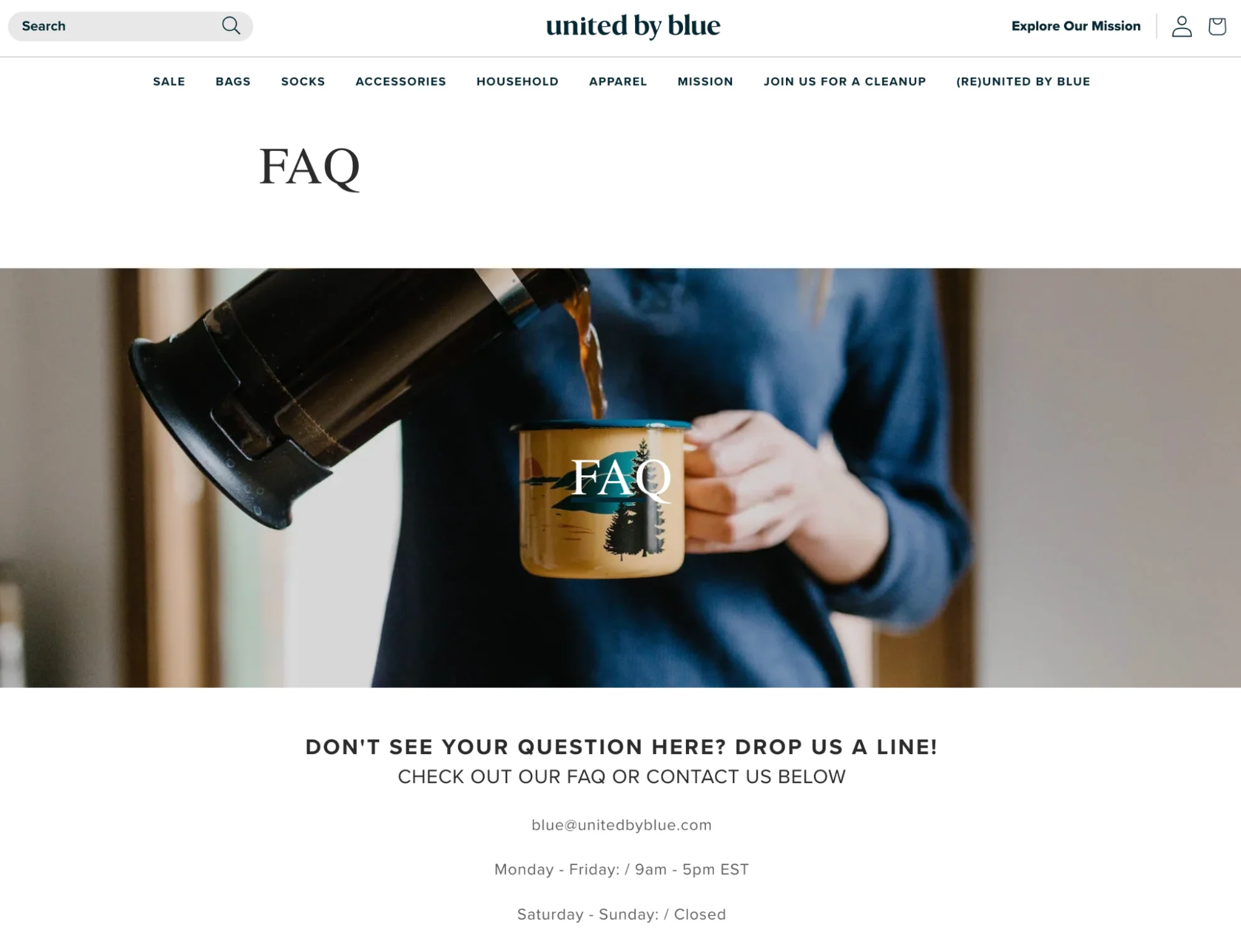 The United By Blue FAQ page, showing coffee being poured into a branded mug.