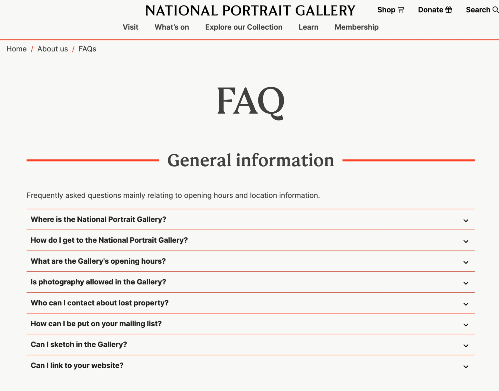 The FAQ page for the National Portrait Gallery, showing a list of general information questions.