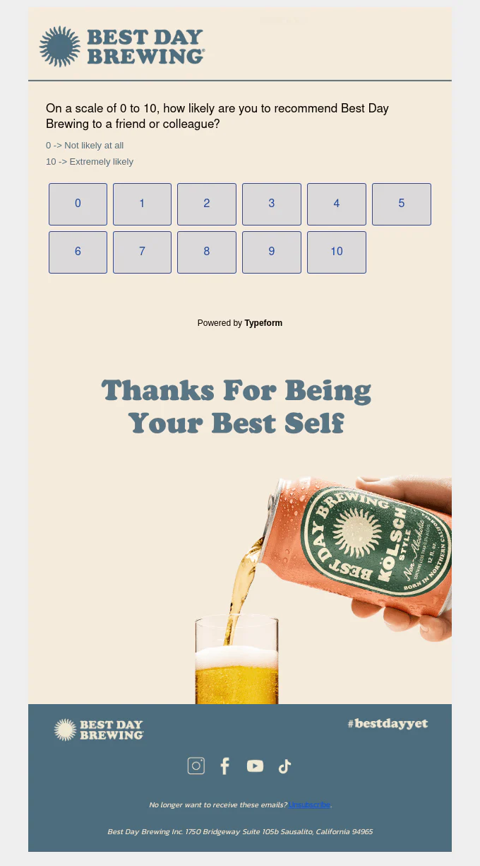 Best Day Brewing survey email with someone pouring a can of drink into a glass.