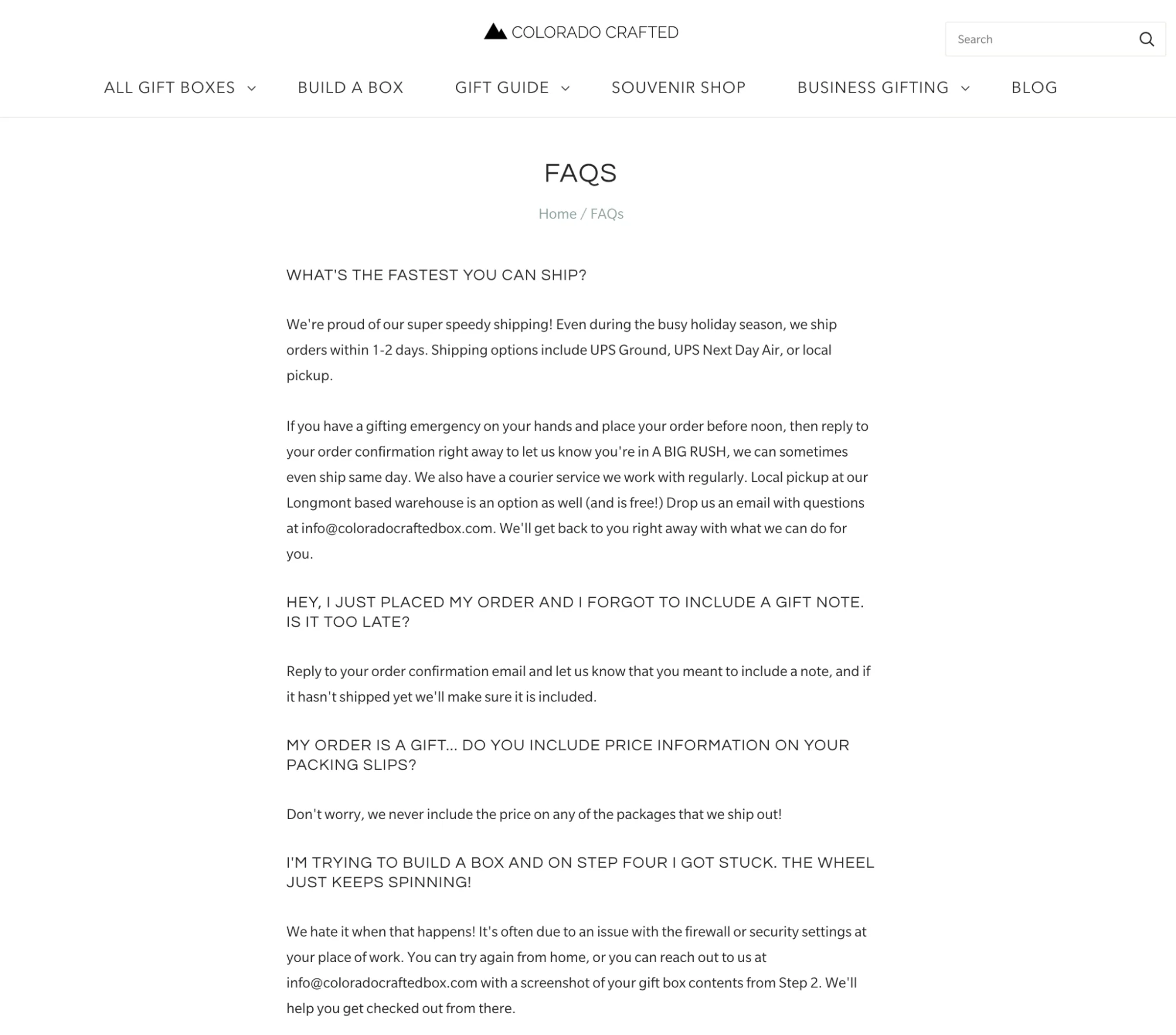 The Colorado Crafted FAQs page, with questions and answers about shipping and gift orders.