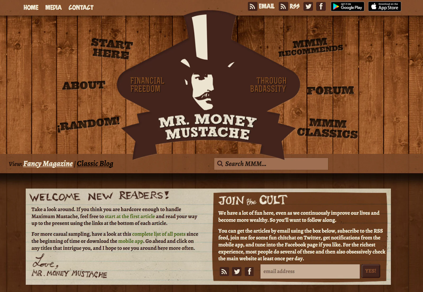 The homepage of the Mr. Money Mustache blog, showing navigation links and a welcome message.