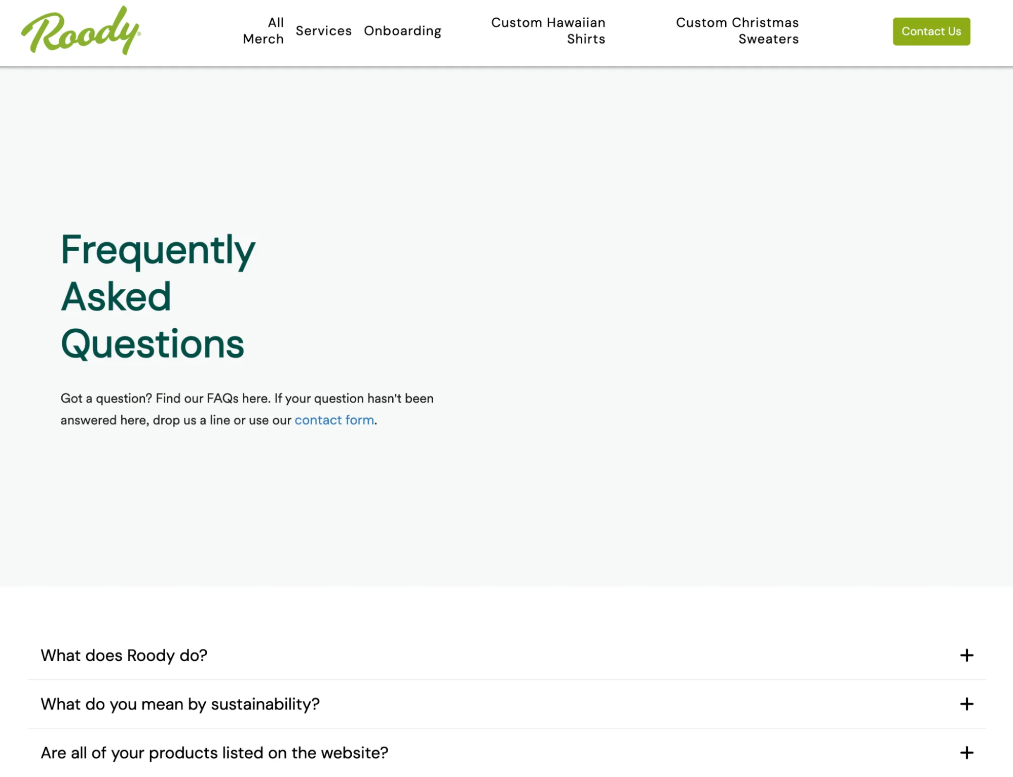 The ’Frequently Asked Questions’ page on the Roody website, with a list of questions.