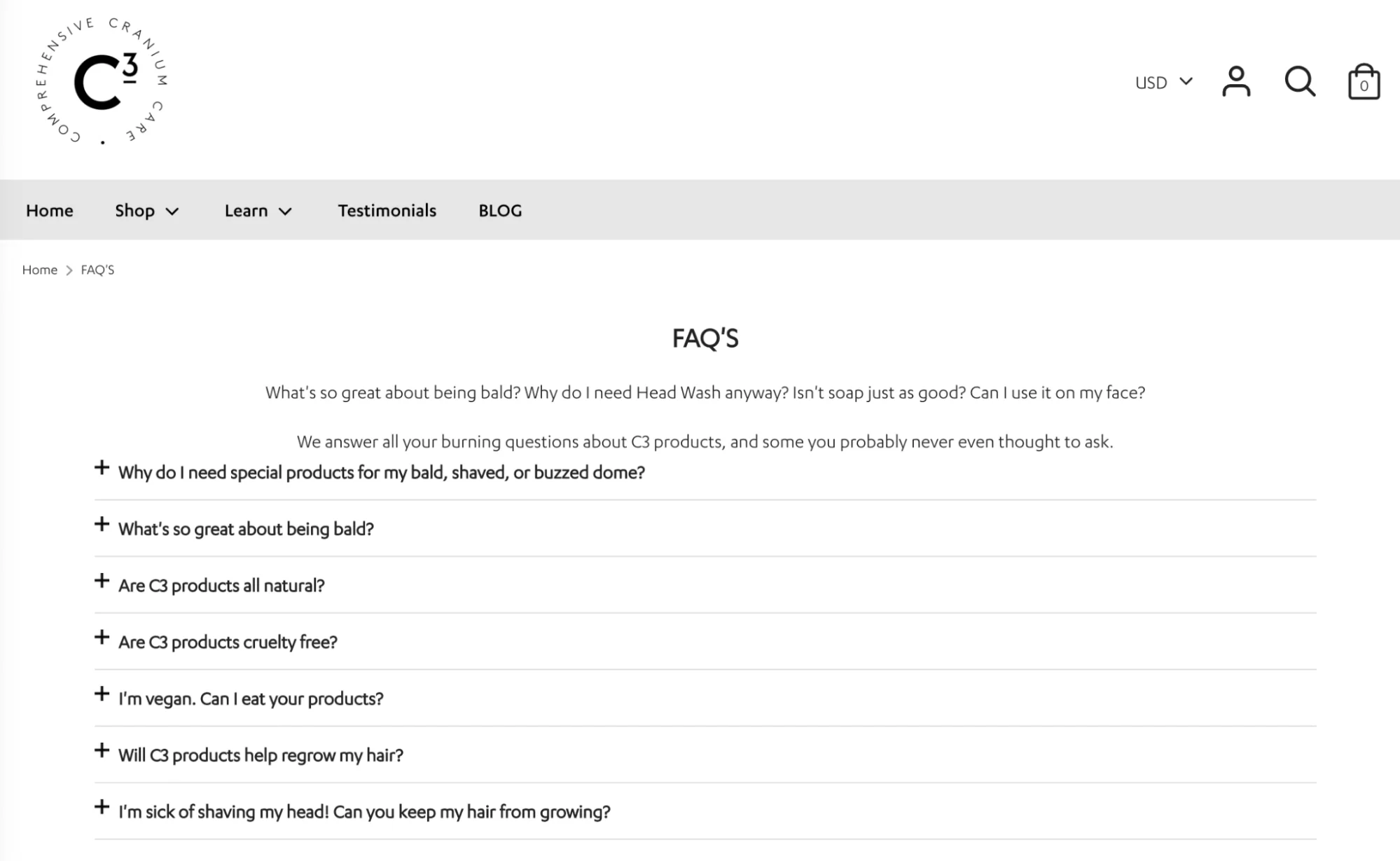 The humorous FAQ page for Comprehensive Cranium Care, a brand for men with no hair.