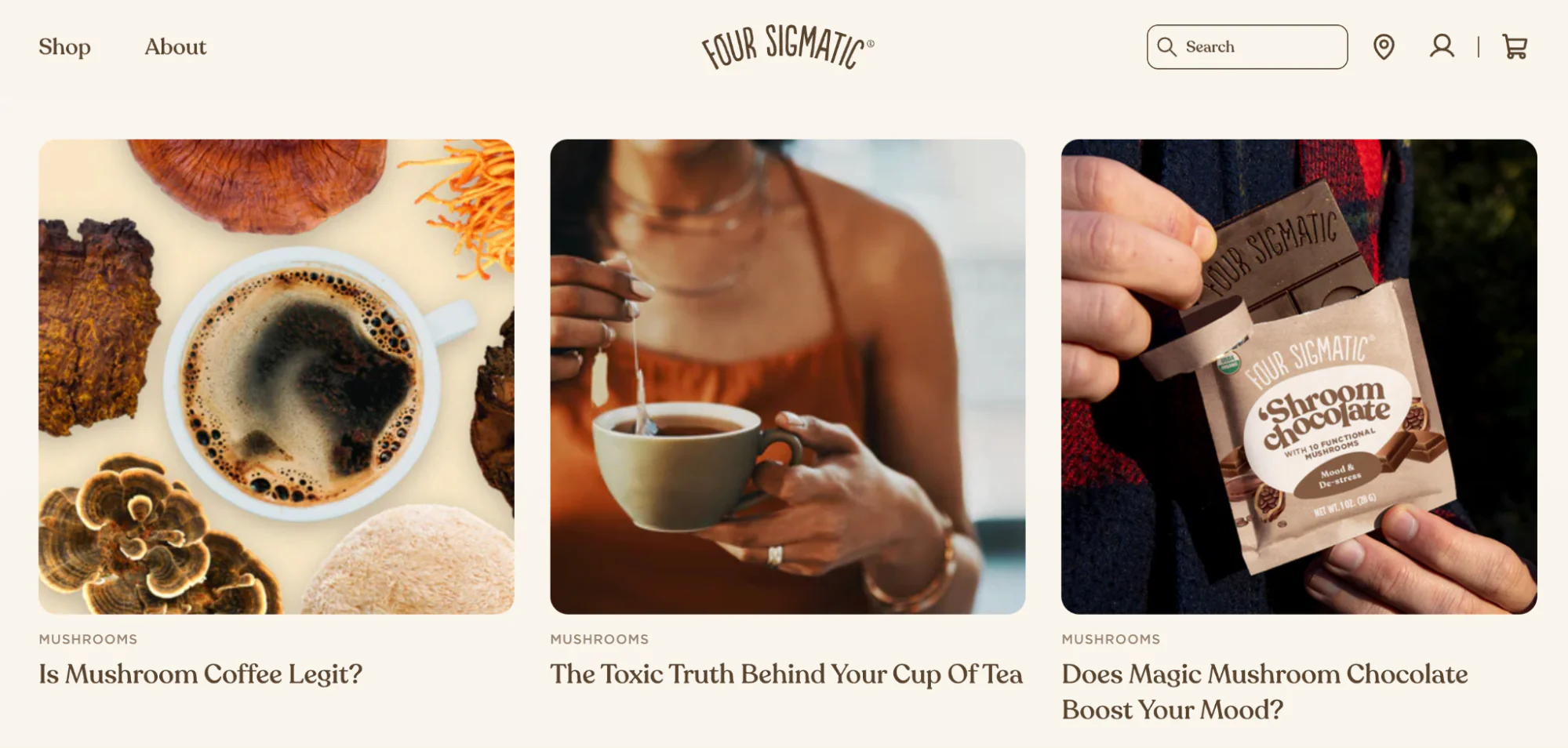 Four Sigmatic blog with close up images of coffee and mushrooms.