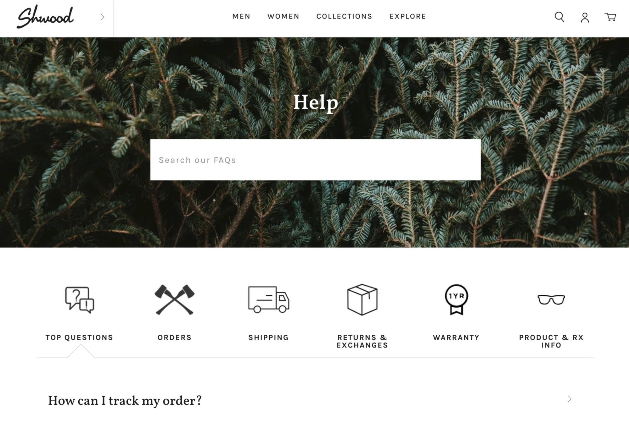 The Shwood help page with a search bar and icons for topics like orders and shipping.