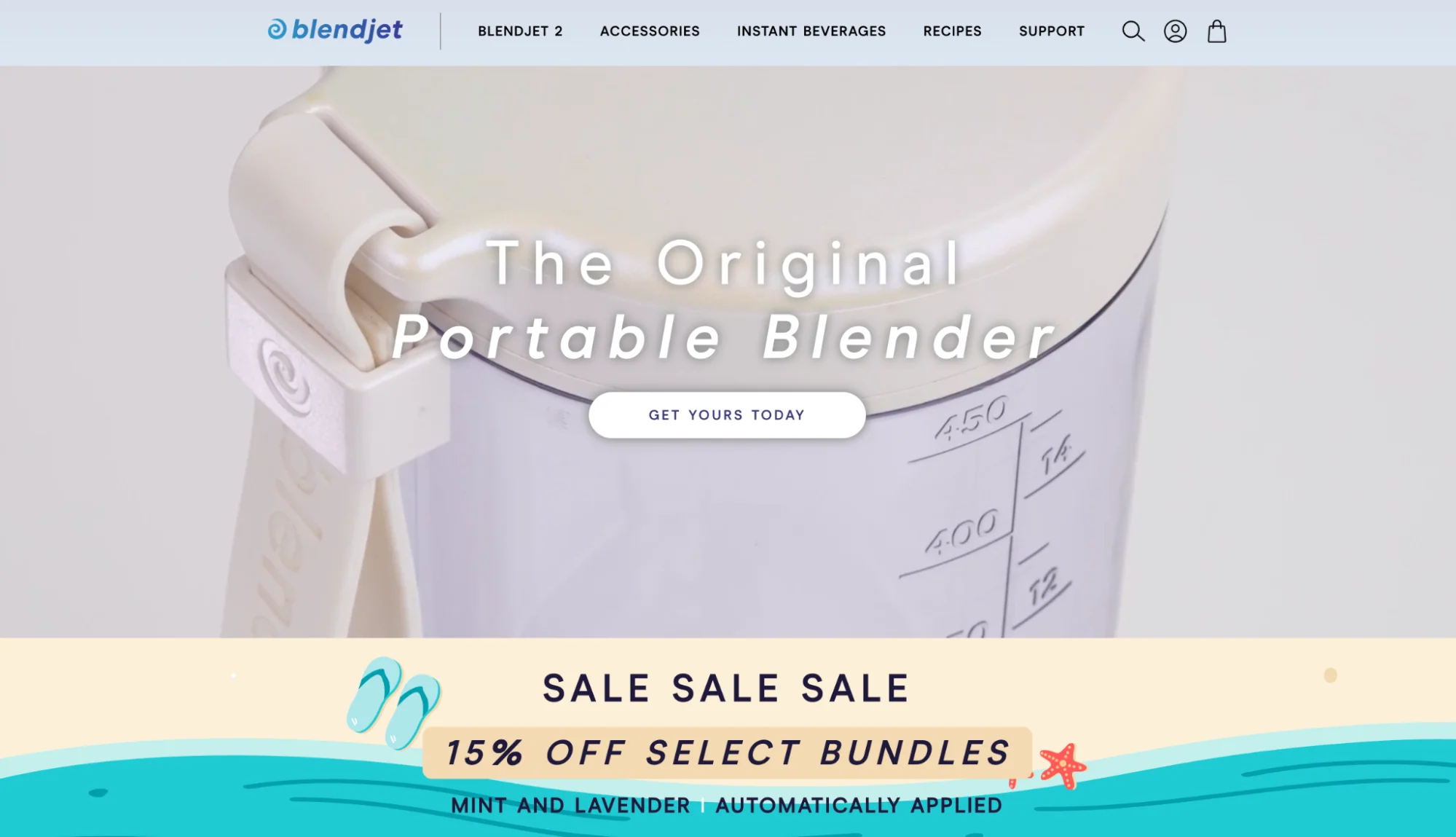 The BlendJet website homepage promoting The Original Portable Blender and a 15% off sale.