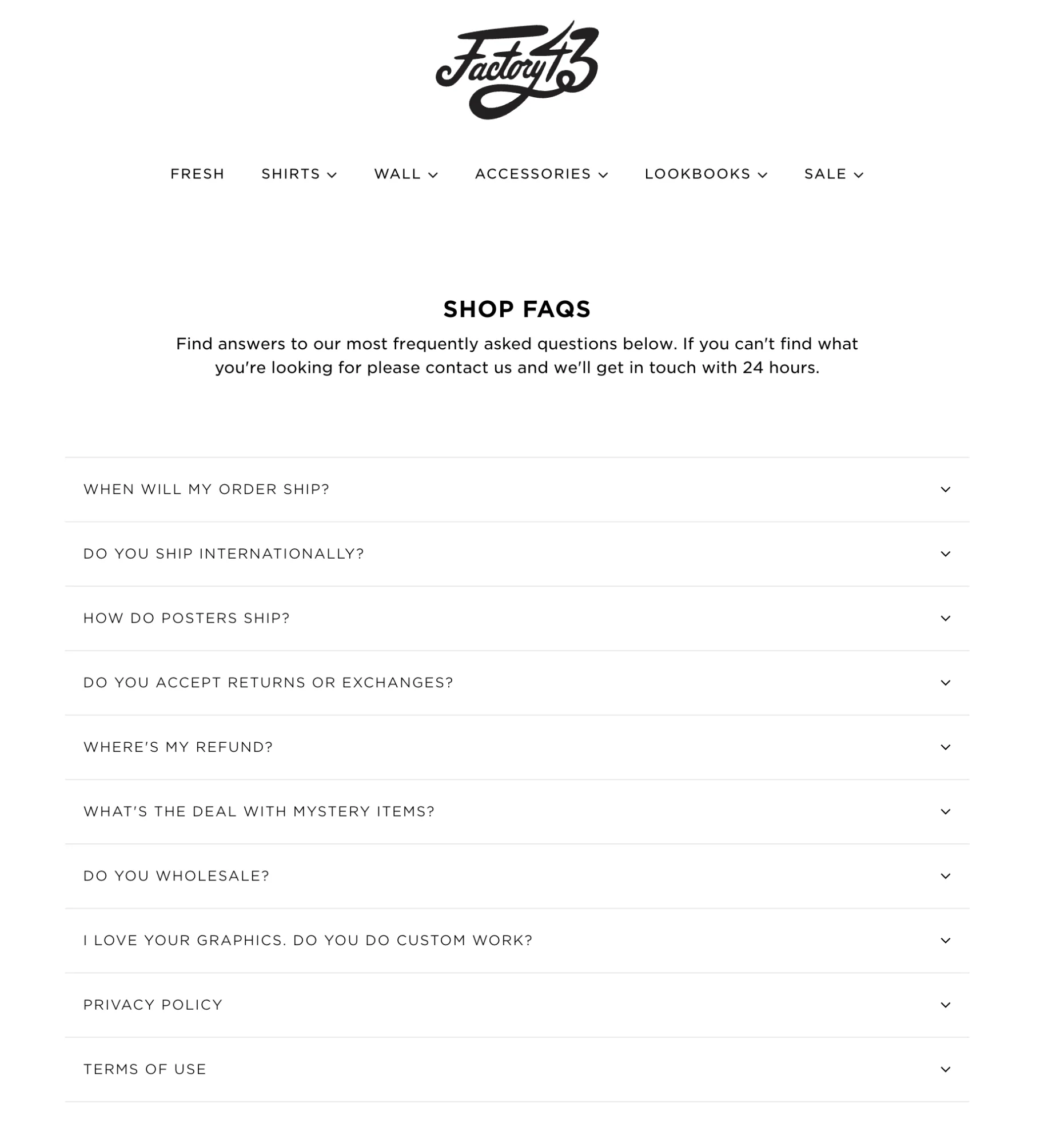 The "Shop FAQs" page for Factory 43, with a list of questions about orders and shipping.