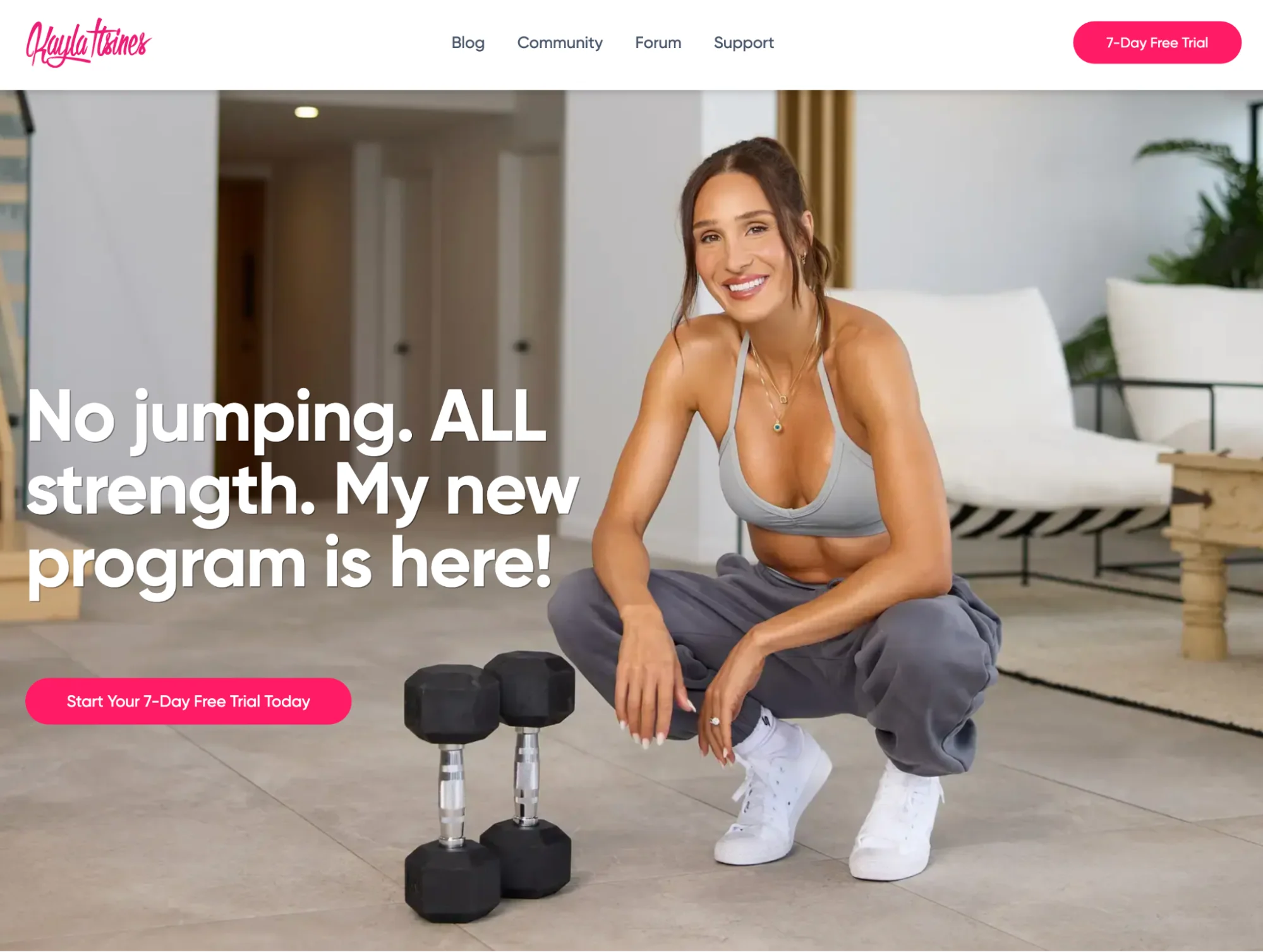 The Kayla Itsines website homepage announcing her new 'No jumping. ALL strength.' fitness program.