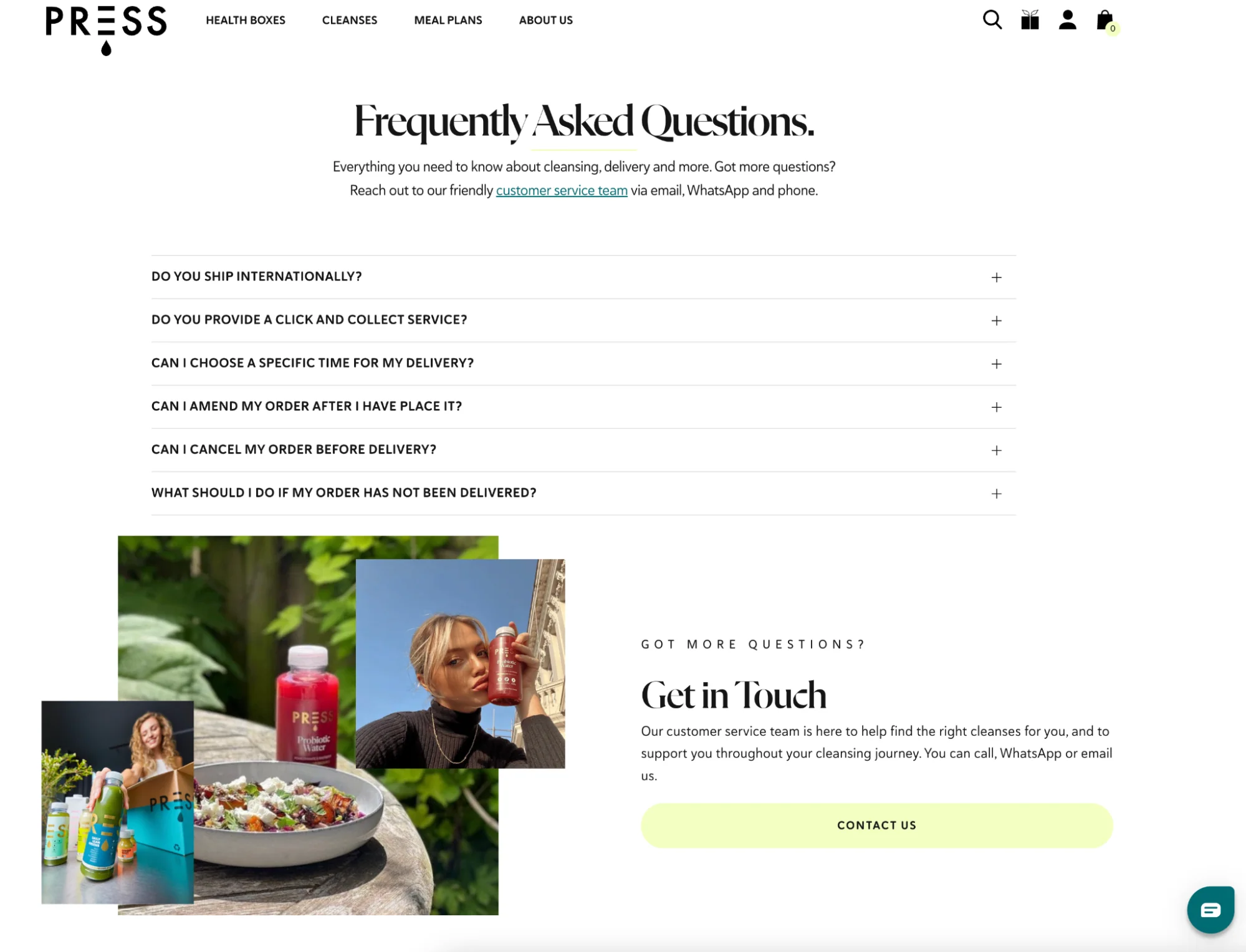 The FAQ page for PRESS, with questions, product photos, and a "Get in Touch" section.