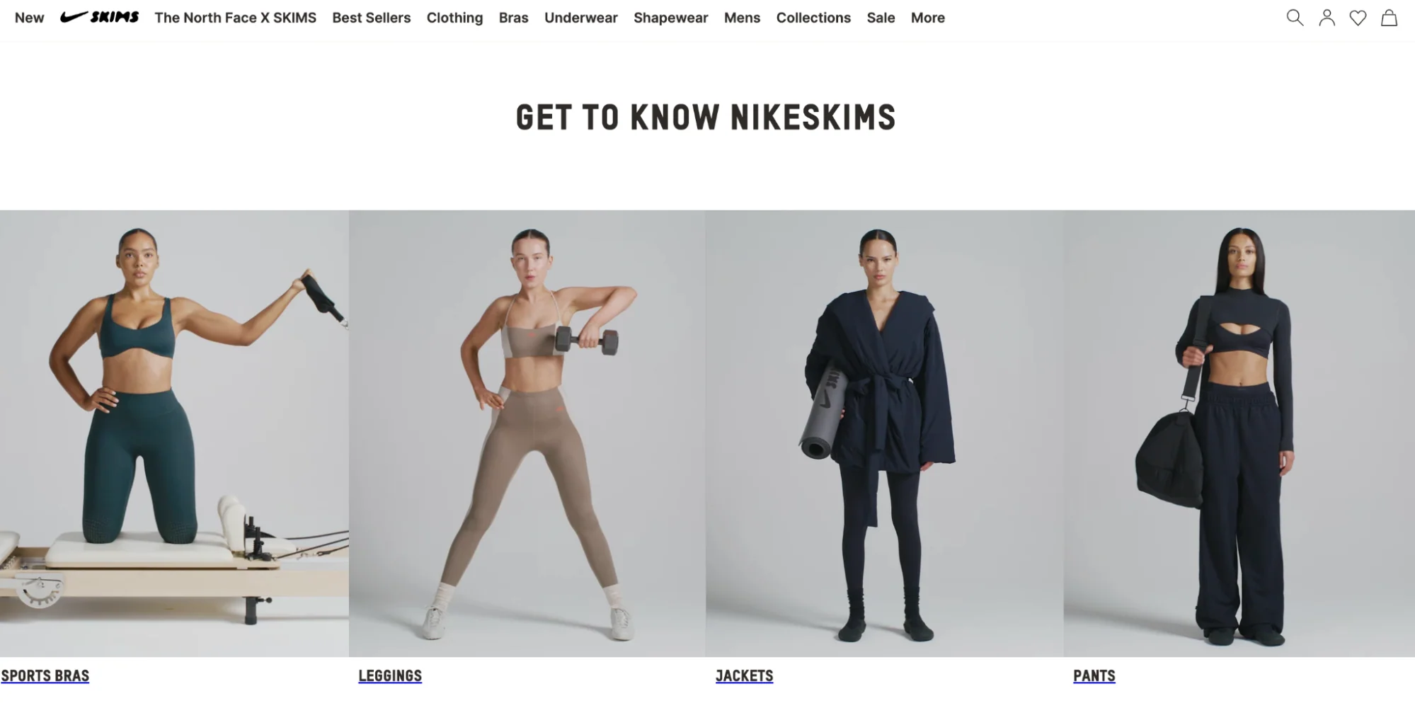 Four women modeling activewear sets for the Get to Know NikeSKIMS collection launch.