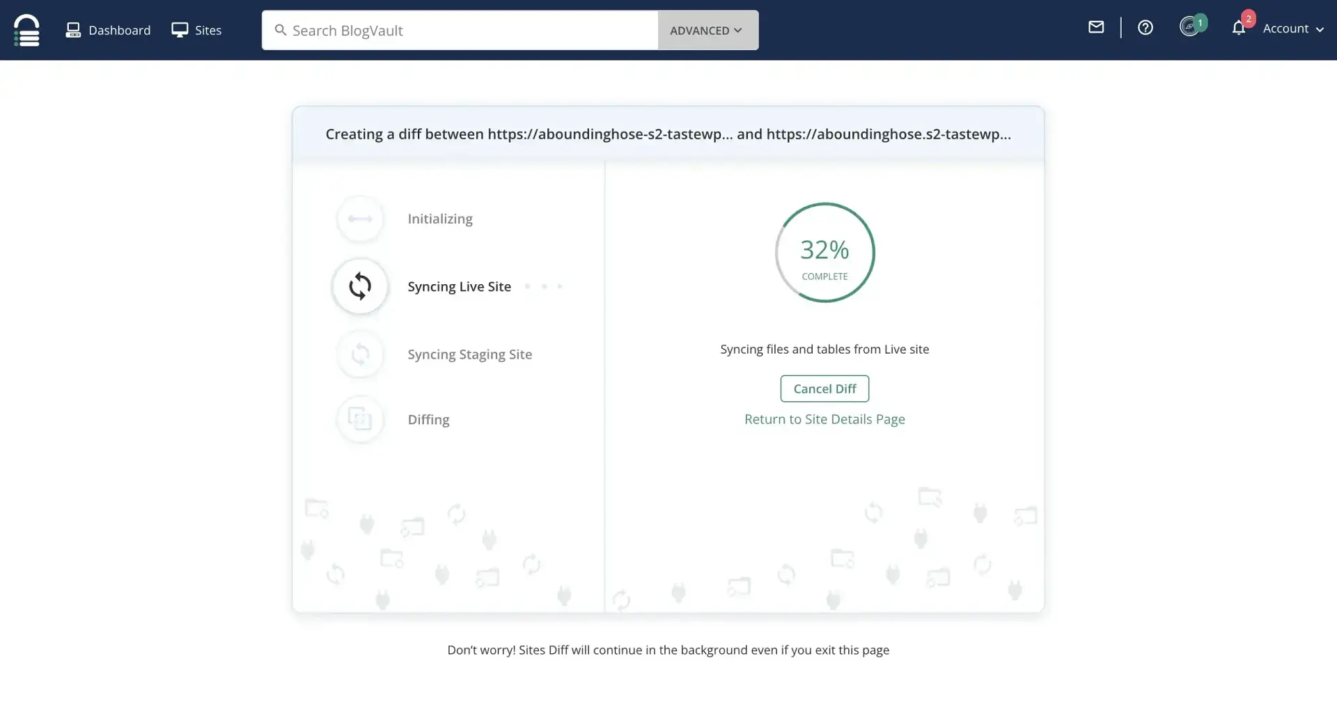 BlogVault syncing staging site with live site.