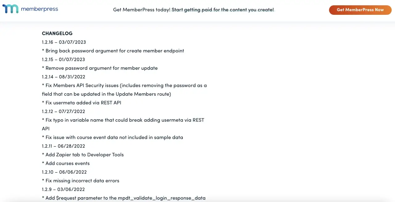 Changelog of updates for a WordPress plugin