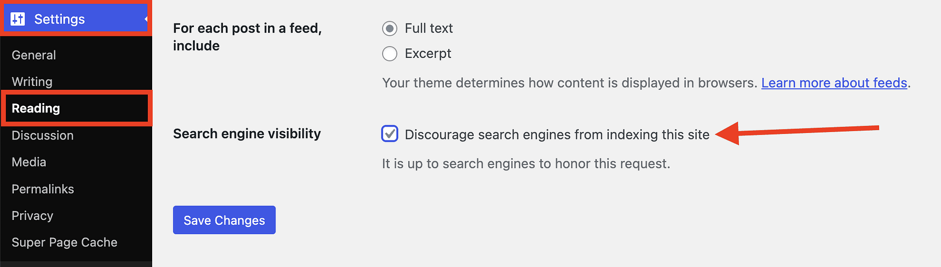 Clicking on Discourage search engines from indexing this site to hide staging site from search engines.