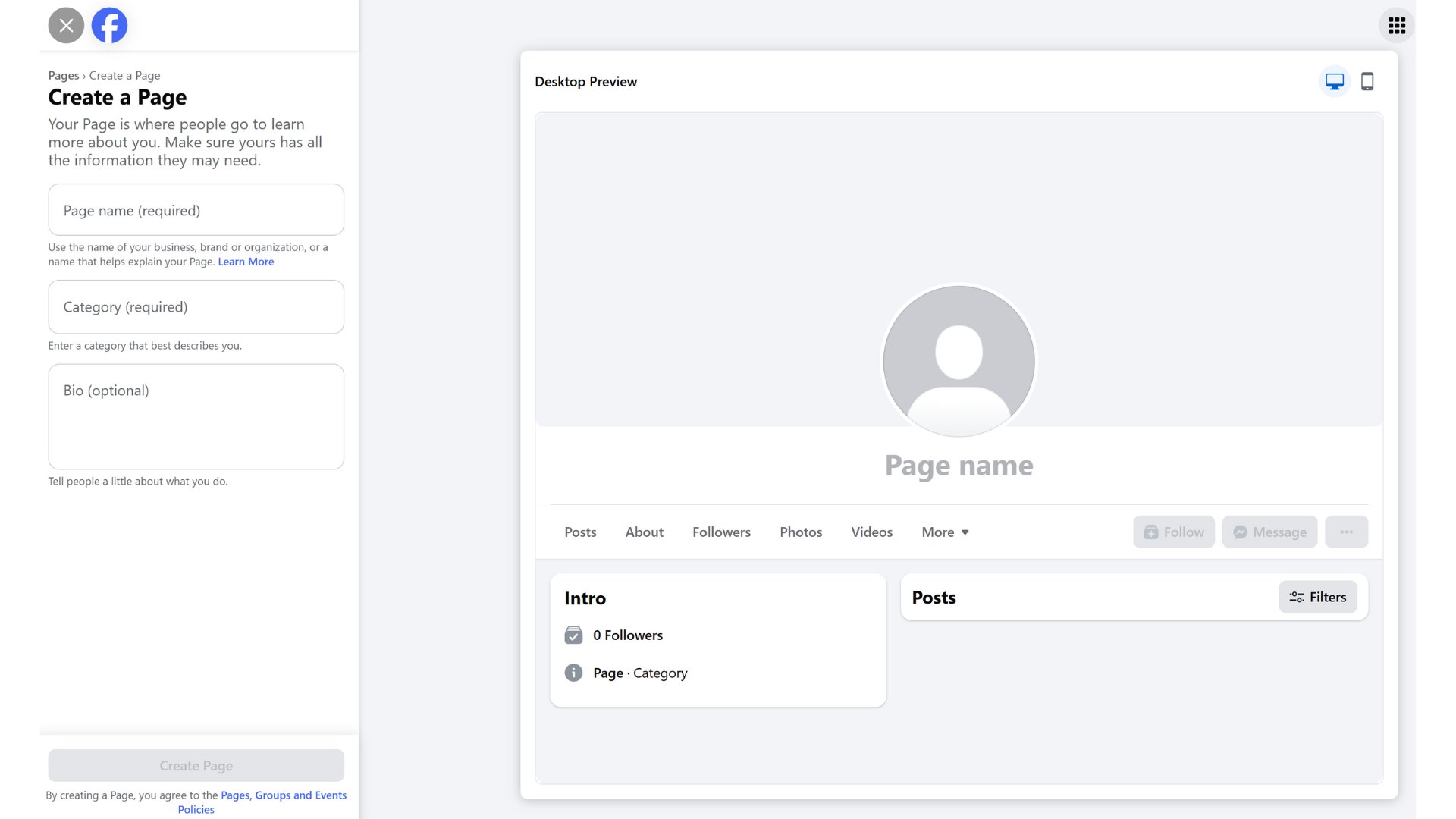 A screenshot shows the starting screen to create a new Facebook business Page