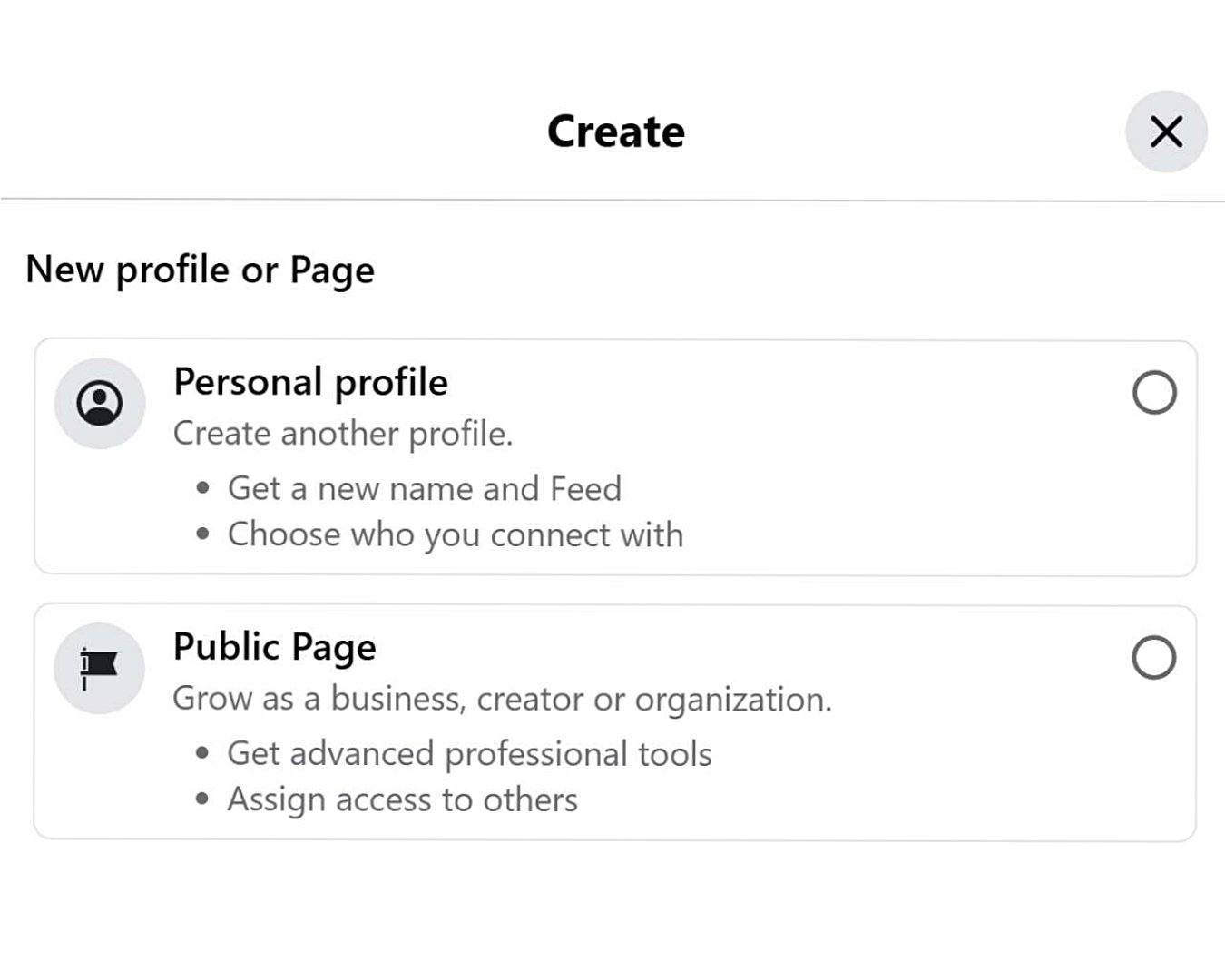 A screenshot shows a box asking whether the user wants to create a new Facebook profile or a public Page.
