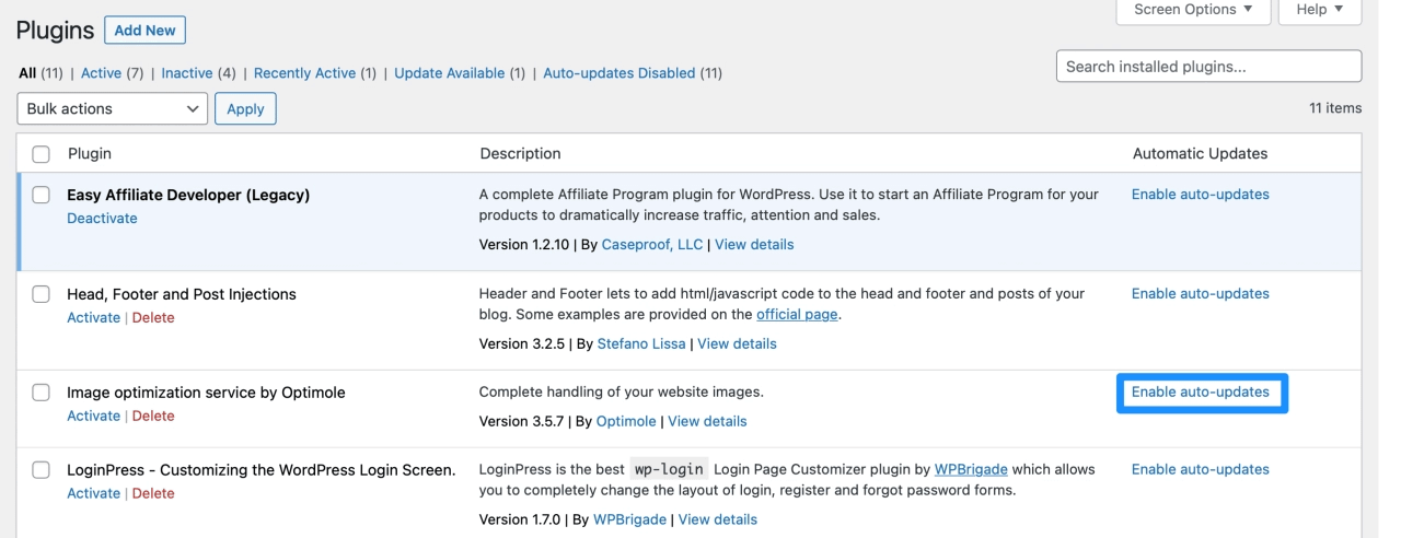 Enable auto-updates of plugins in the WordPress plugin admin dashboard
