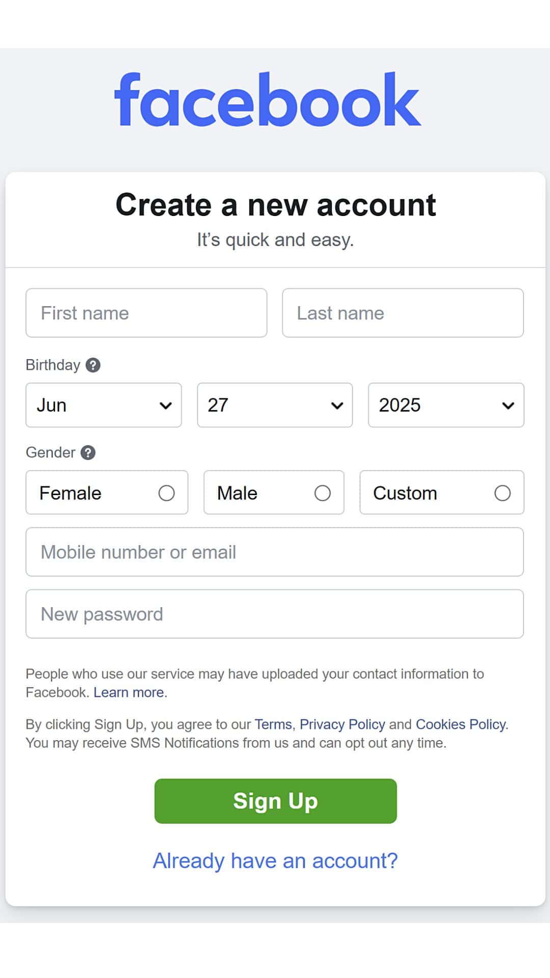 A screenshot shows the registration page for Facebook.