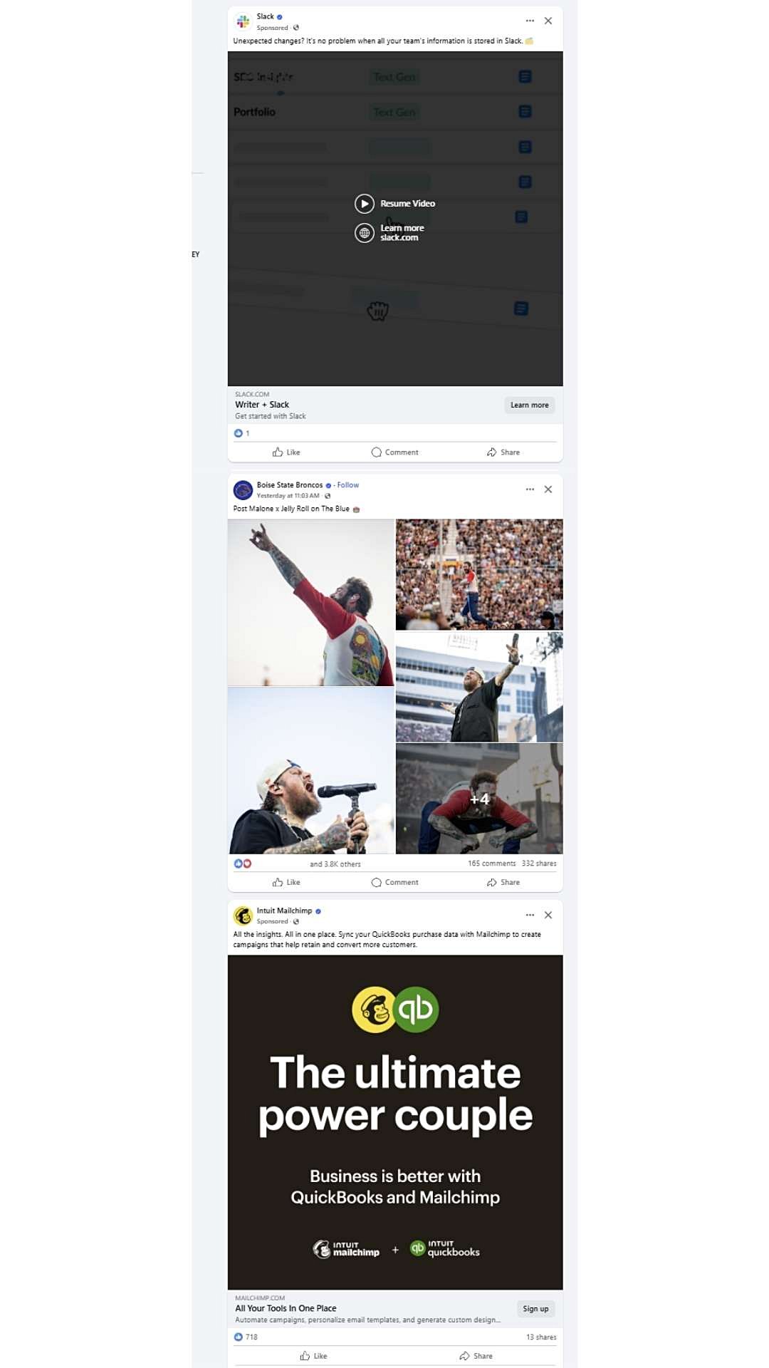 Three posts in a Facebook newsfeed.