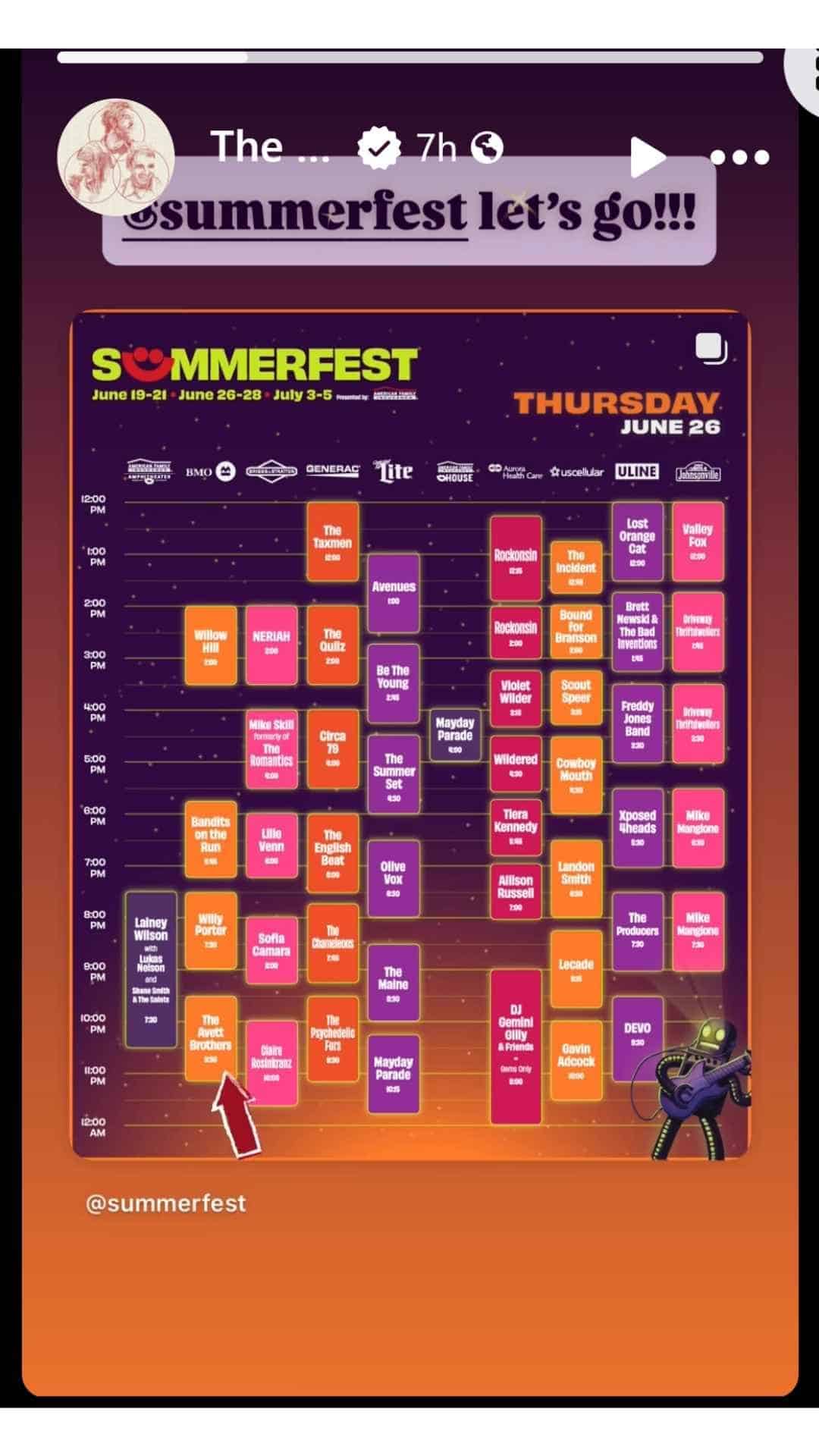 The band The Avett Brothers shares a Facebook Story announcing their slot at a summer festival.