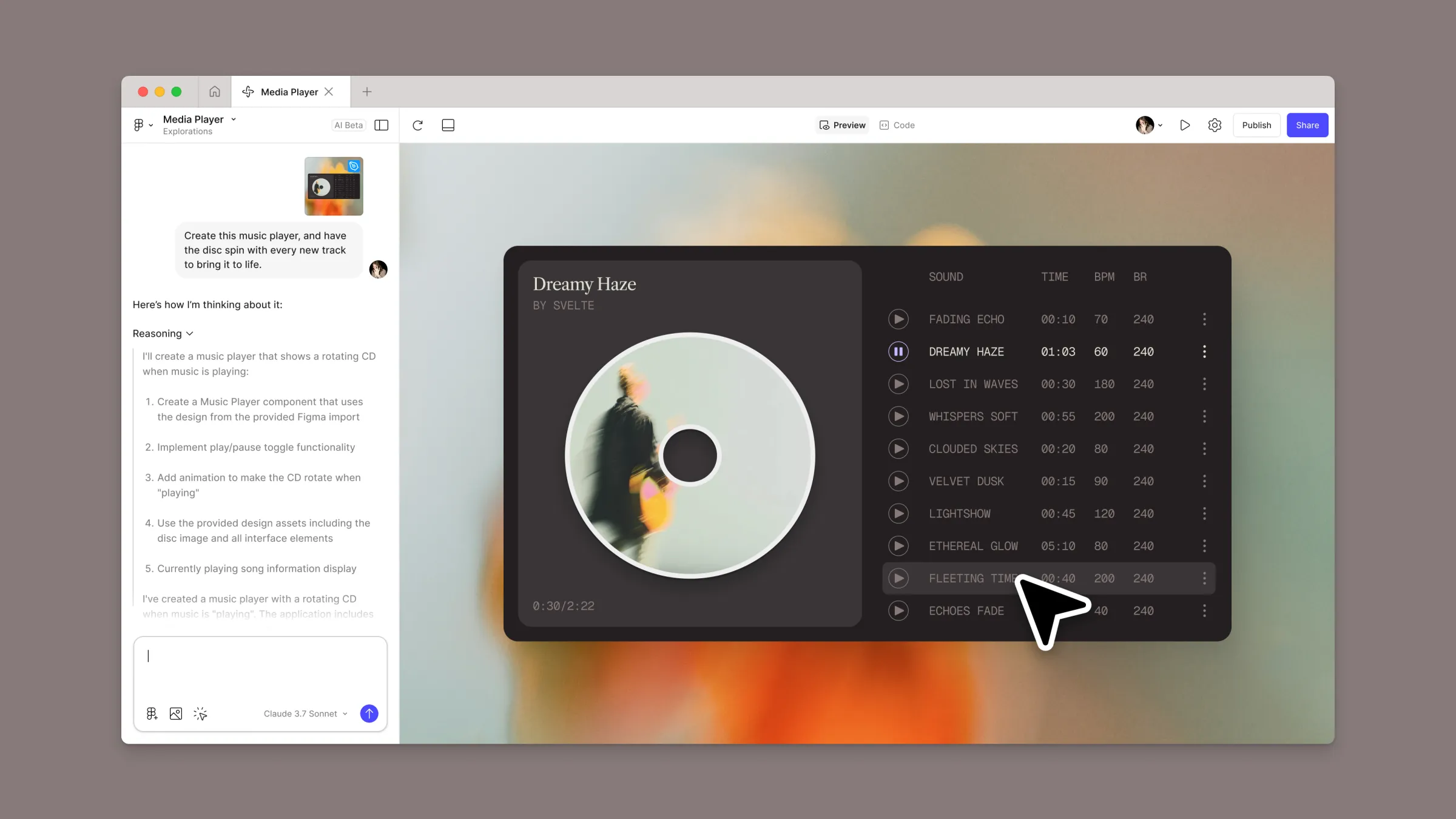 A screenshot of Figma Make showing a music player.