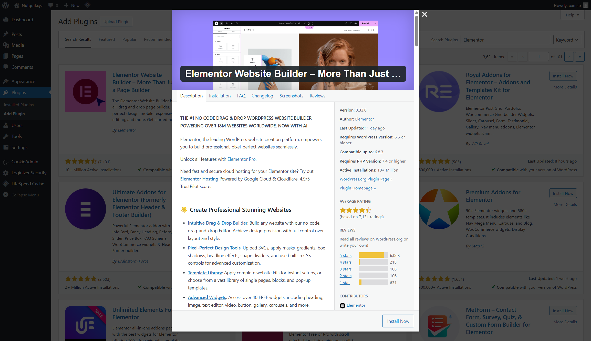 screenshot of elementor installation page
