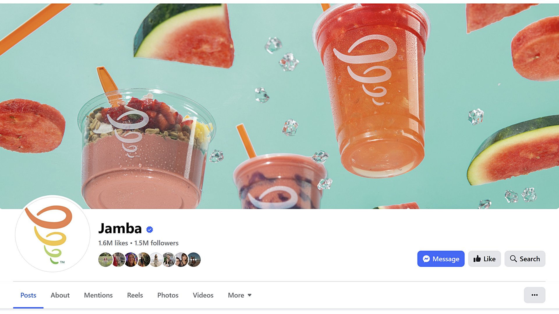 A screenshot shows the cover photo for Jamba’s Facebook business Page, which displays its smoothies and other products.