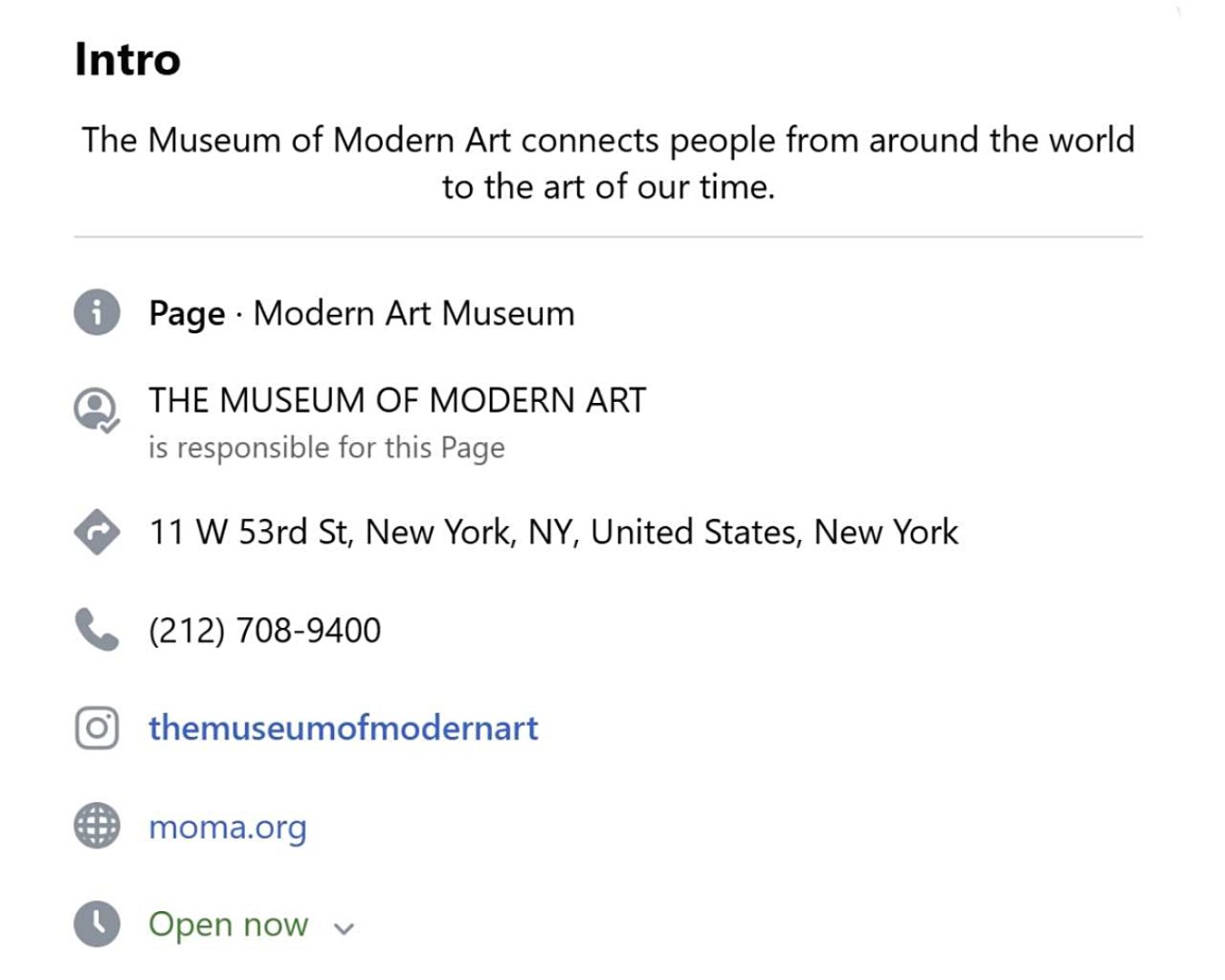 A screenshot shows the contact information and location details on the Museum of Modern Art’s Facebook Page