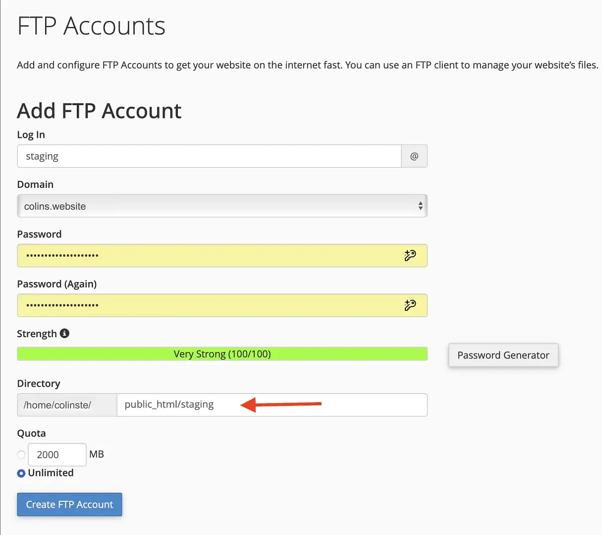 Creating a new FTP account in cPanel.