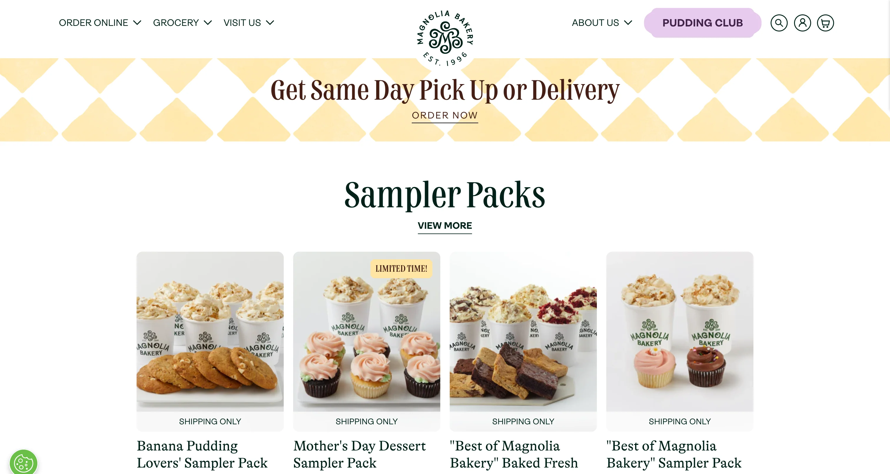 Magnolia bakery product listings showing cookies and cakes for home delivery.