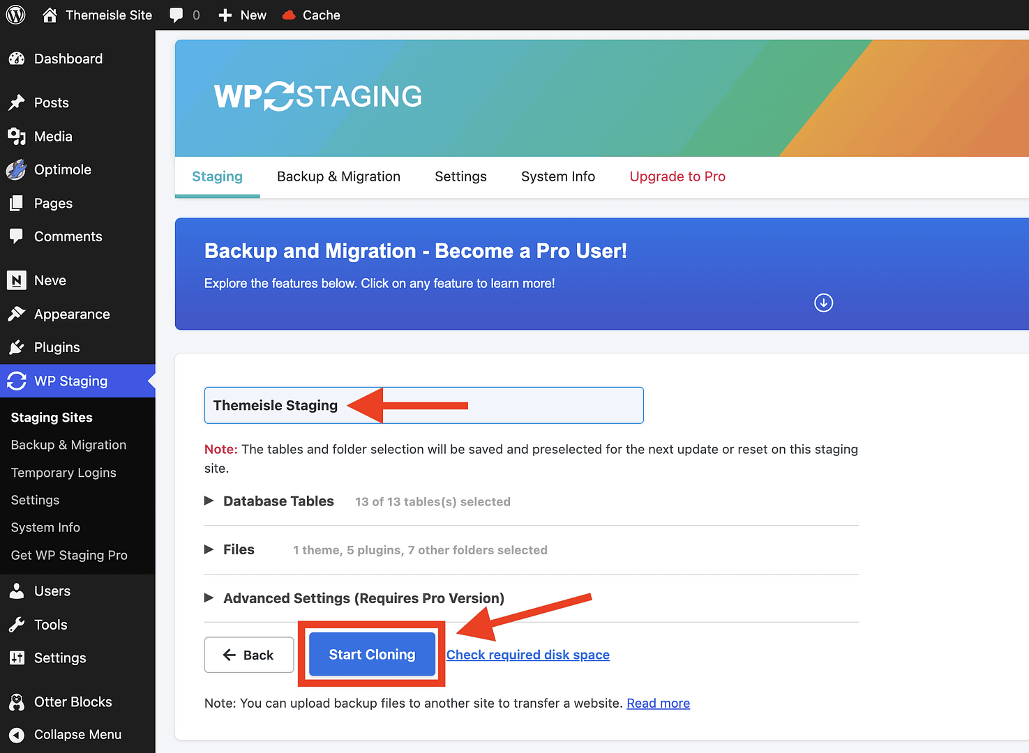 Starting the site cloning process inside the WP Staging plugin.