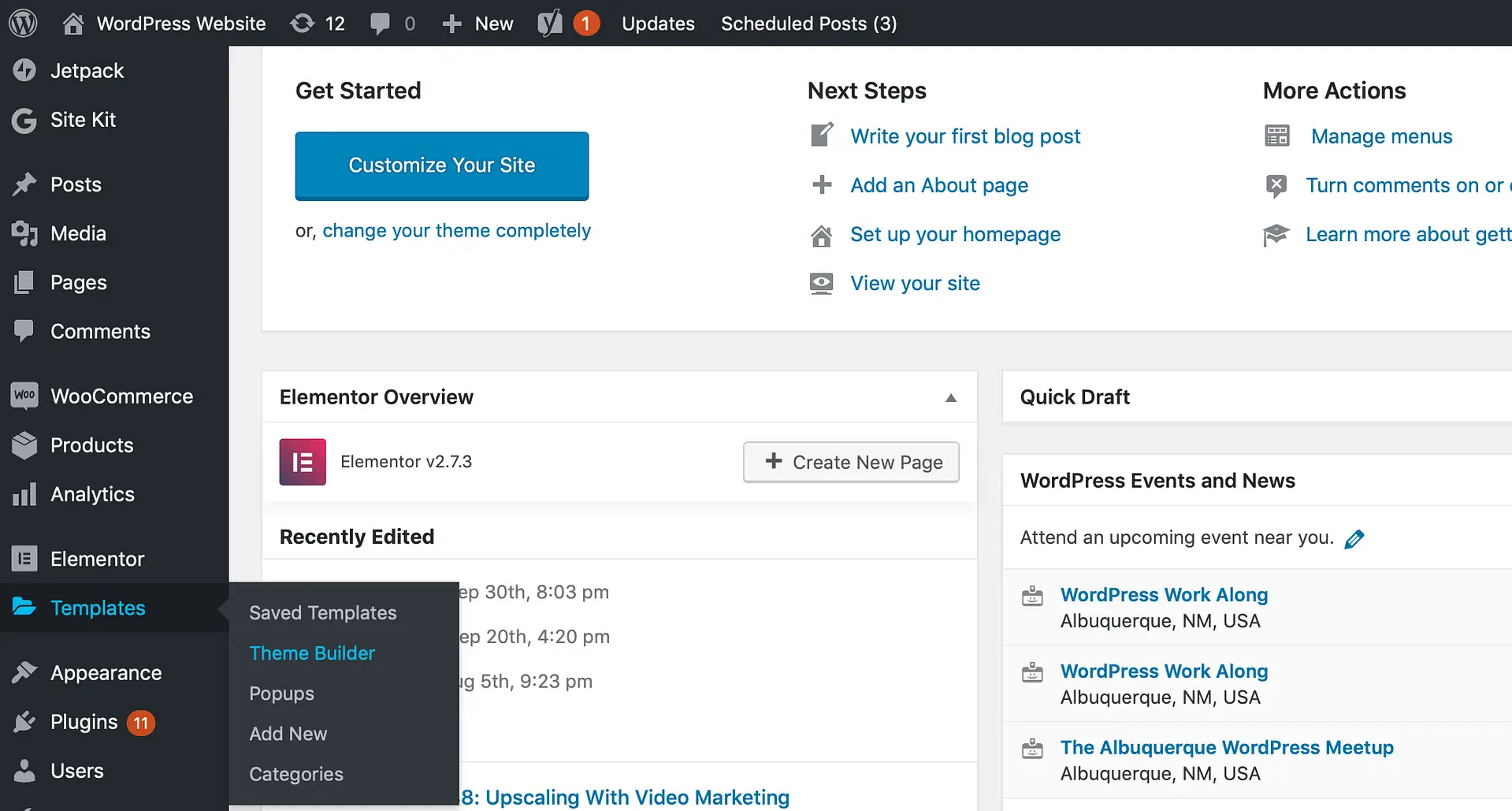 The WordPress admin with Templates → Theme Builder selected.