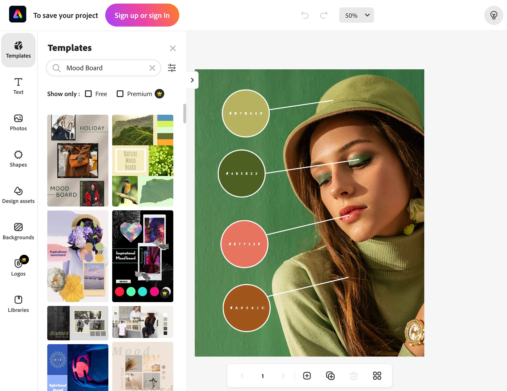 Adobe Creative Cloud Express workspace showing mood board design with color palette.