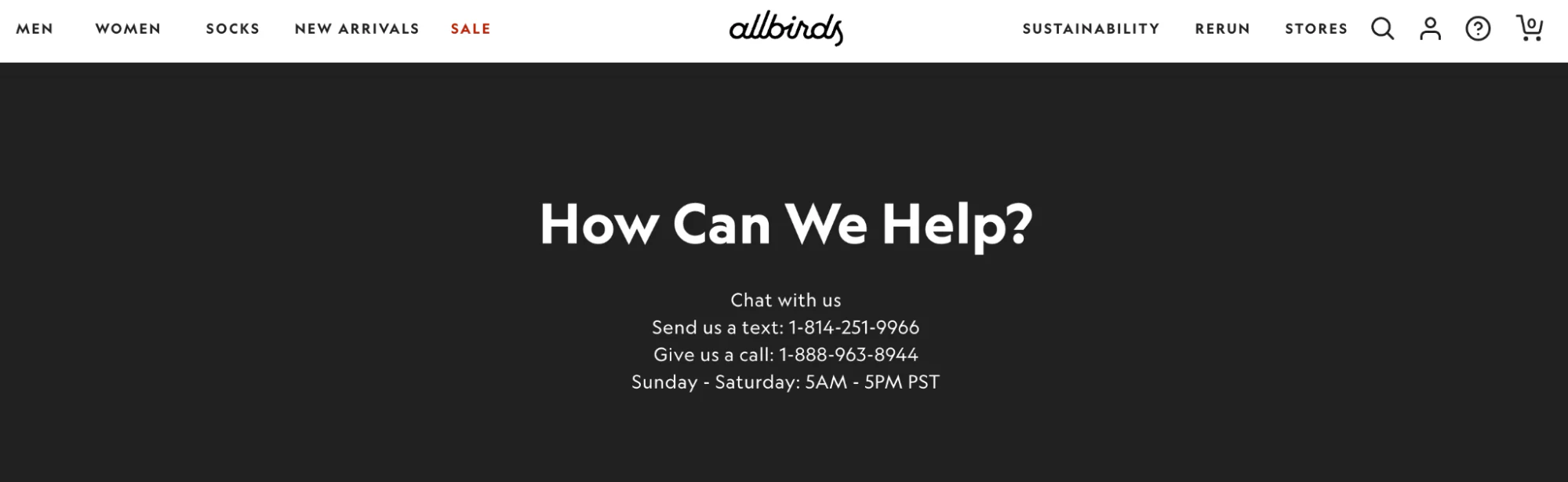 Allbird’s Contact Us page says “How Can We Help?” In white font on a black background.
