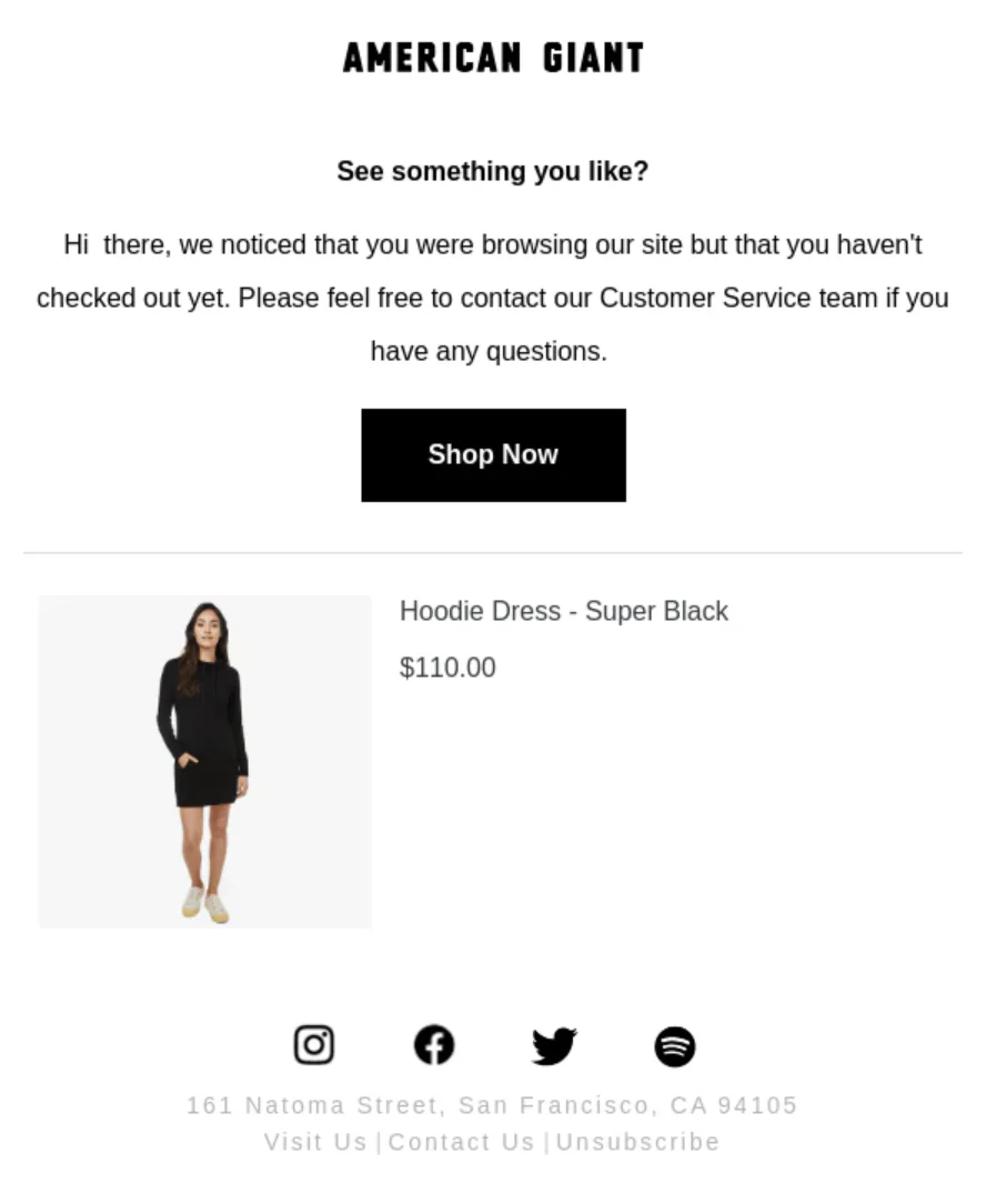 An email from American Giant showing a clothing item a customer previously clicked on but did not purchase with a button that would allow them to go back and purchase the item.