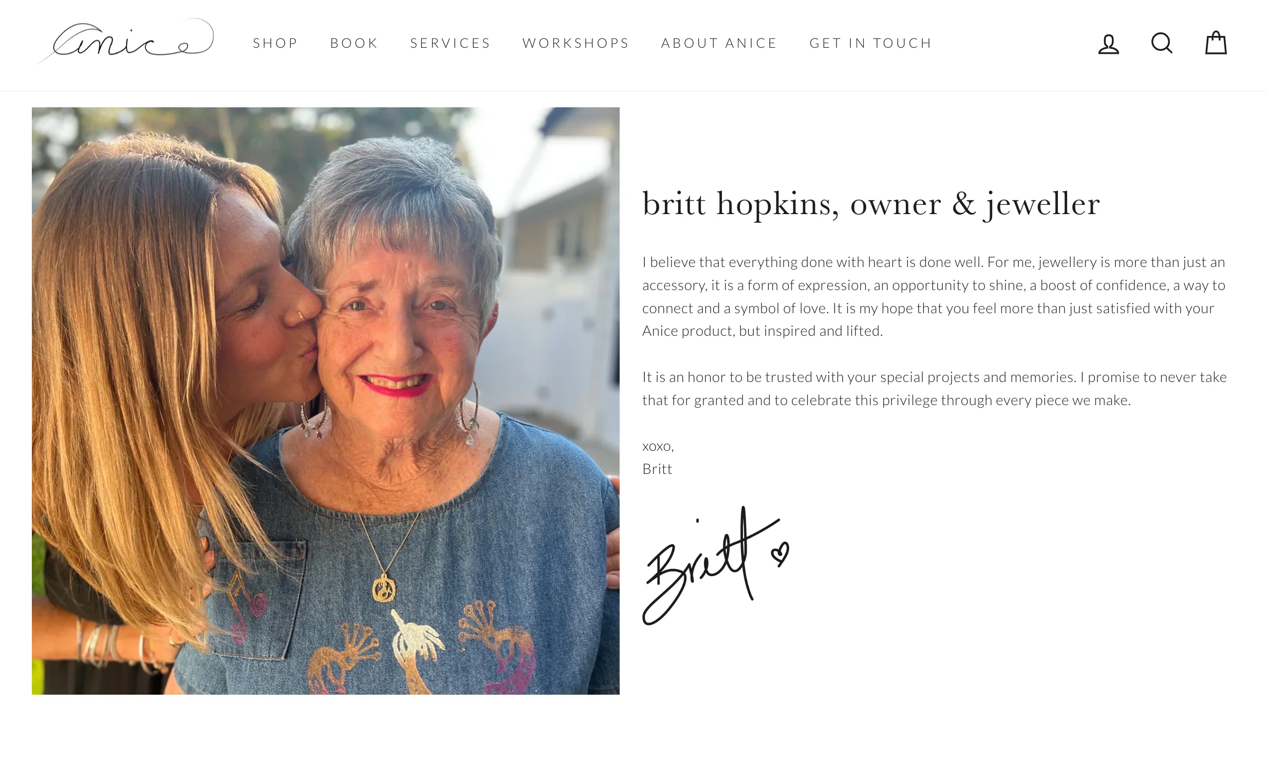 Anice Jewelry about page showing owner with another person and heartfelt brand message.