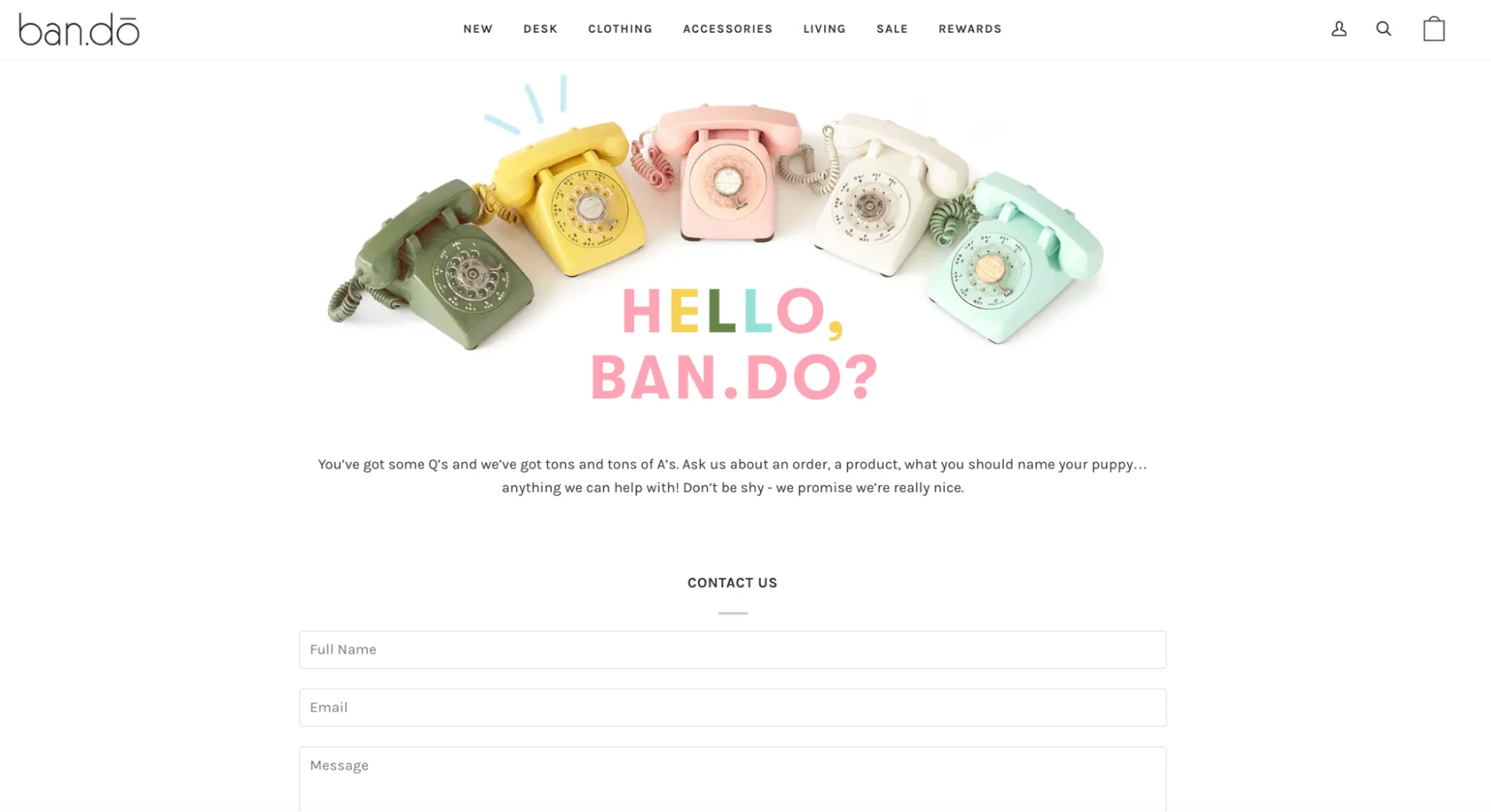 Ban.do’s Contact Us page featuring five colorful telephones and a contact form.