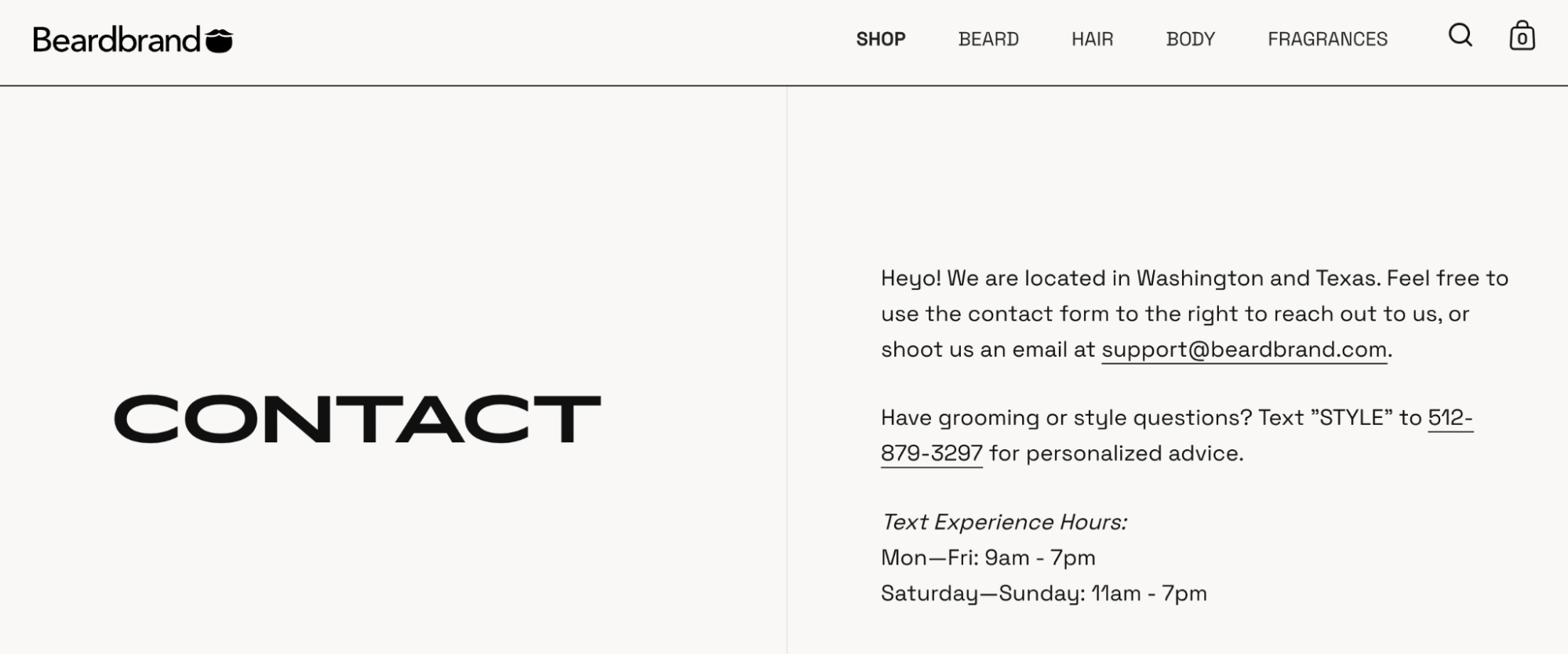 Beardbrand’s contact page includes an email address, text number, and support hours.