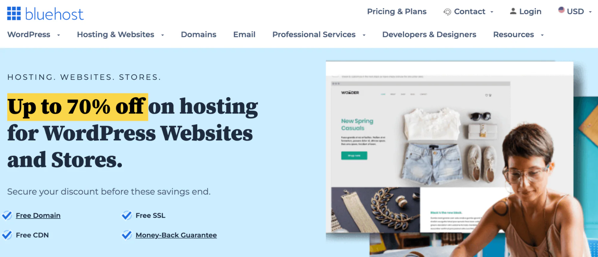 Bluehost homepage offering up to 70% off WordPress hosting plans for stores.