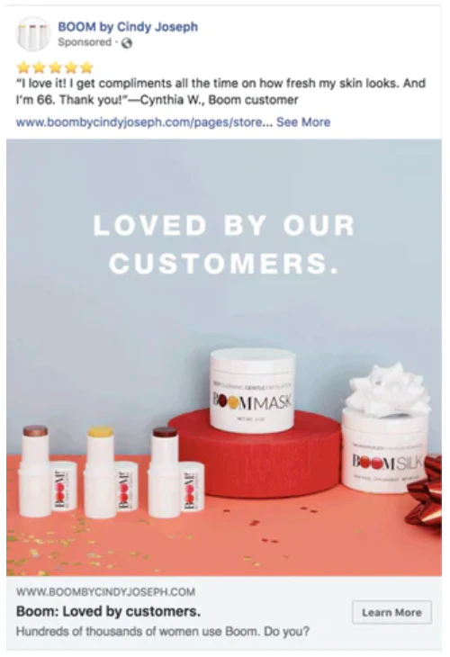 A retargeted Facebook ad from Bloom! By Cindy Joseph, showing a customer’s five-star review and a tagline emphasizing how many women use the company’s products.