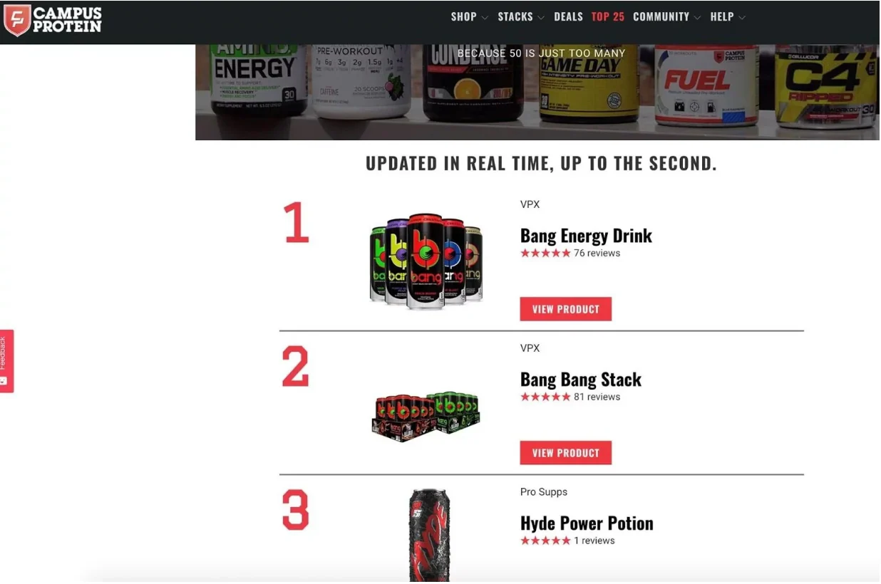Stacked product images of Bang Energy and Hyde Power Potion drinks in cans.