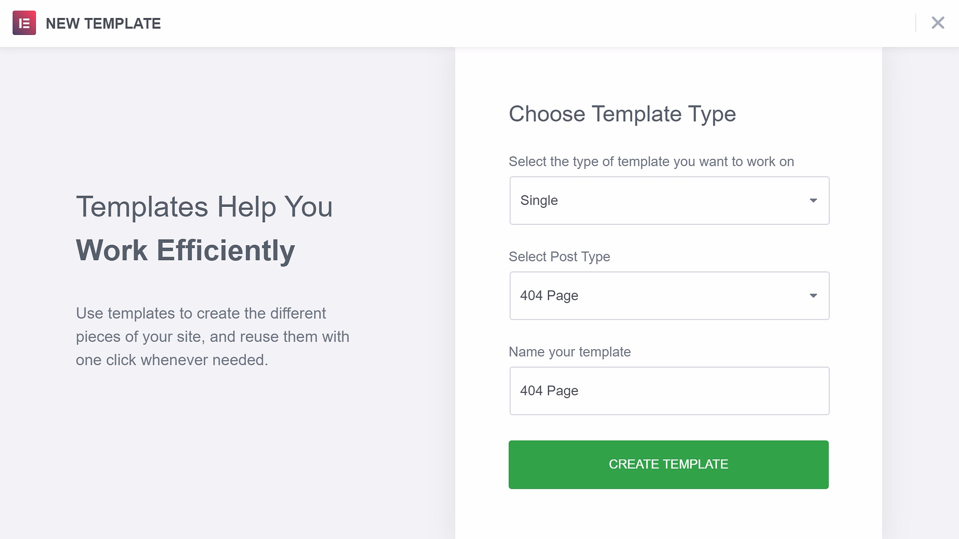 Create an Elementor 404 page template.