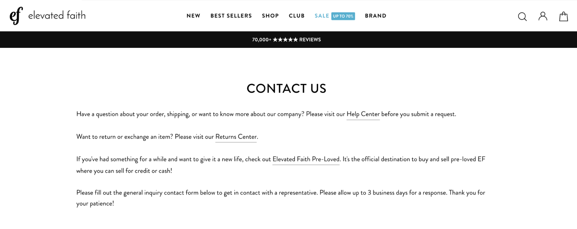 Elevated Faith’s Contact Us page has four lines of text pointing to a different contact option.