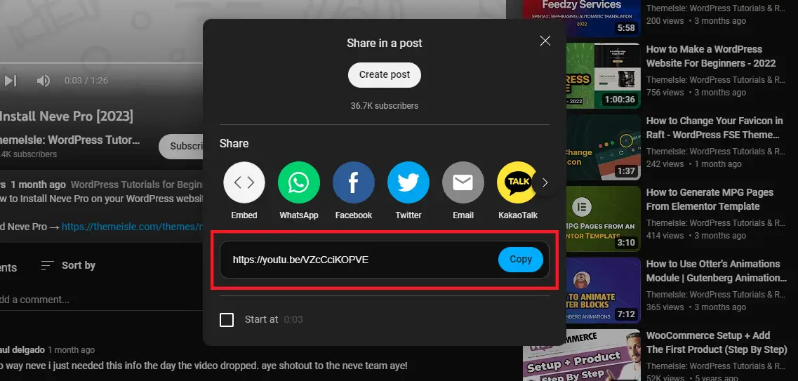 Copying the share link from a YouTube video